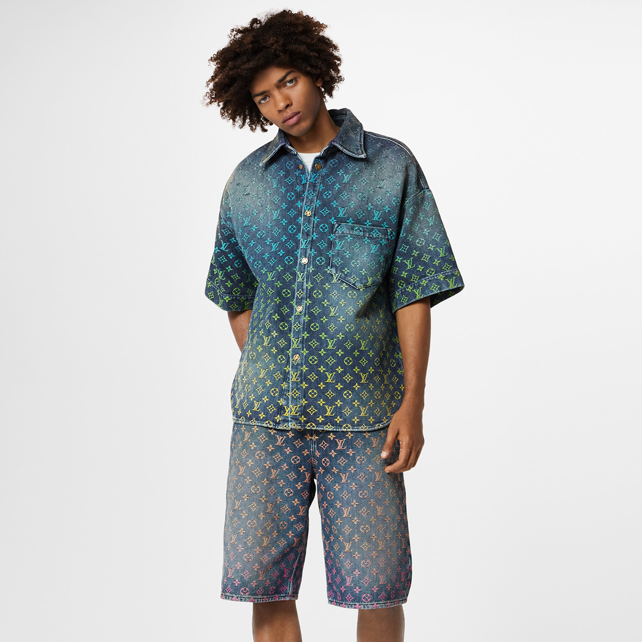 NIGO Louis Vuitton Rainbow Monogram Embroidered Short Sleeve Denim Shirt Straight Shorts Fashion Casual Suit Set #nigo71411