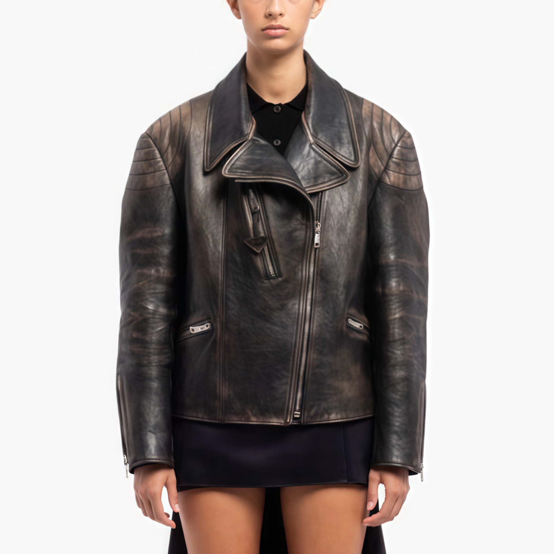 NIGO Prada Women's Autumn And Winter Fashion Retro Vintage Lapel Zipper Leather Jacket Motorcycle Style Pilot Jacket Ngvp #nigo9119