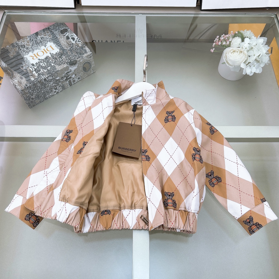 NIGO Burberry Kid's Spring And Fall Cotton High Collar Diamond Pattern Print Zipper Long Sleeve Fitted Jacket Coat #nigo31329