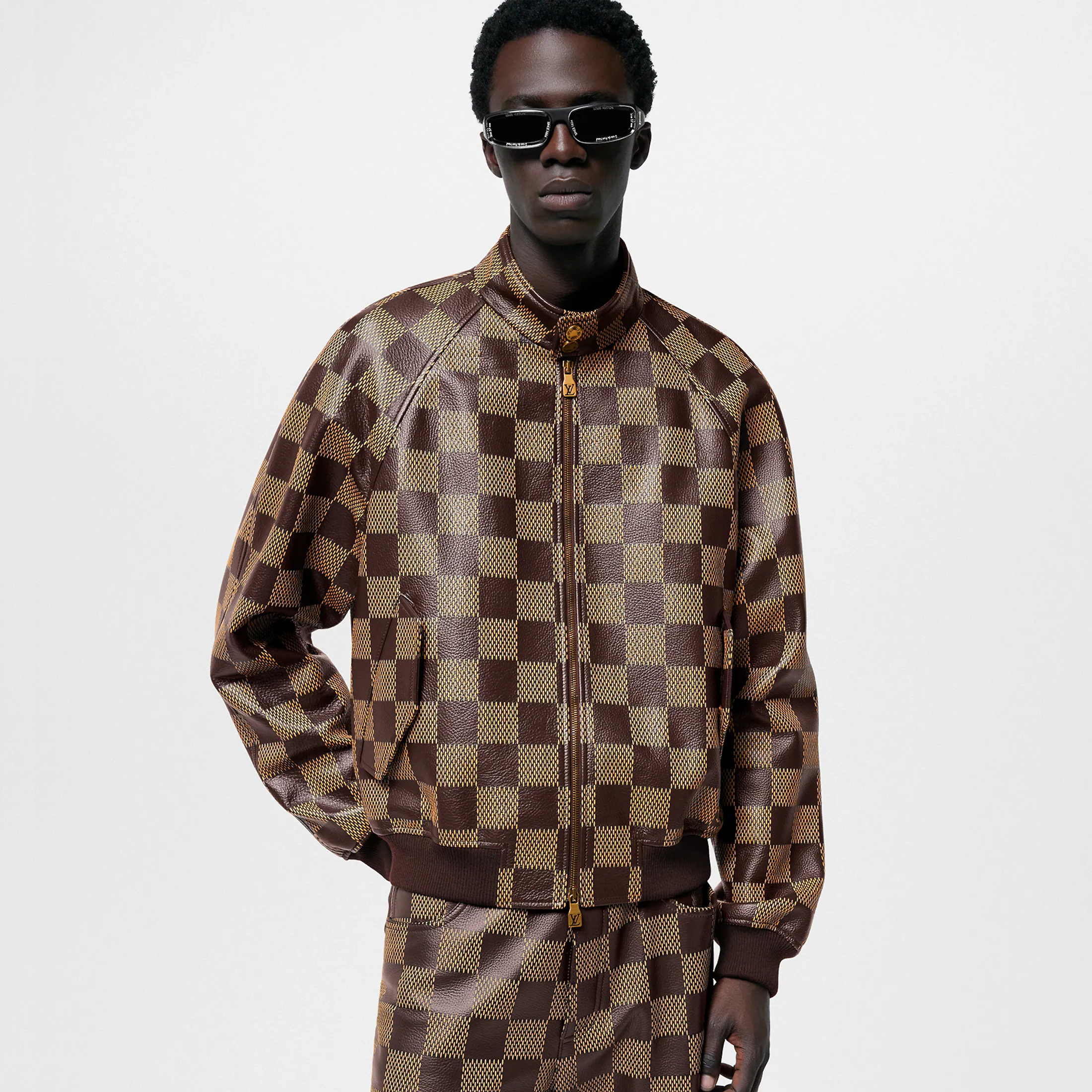 NIGO Louis Vuitton Men's Fall And Winter Brown Checkerboard Pattern Collar Zipper Cowhide Long Sleeved Jacket #nigo72772