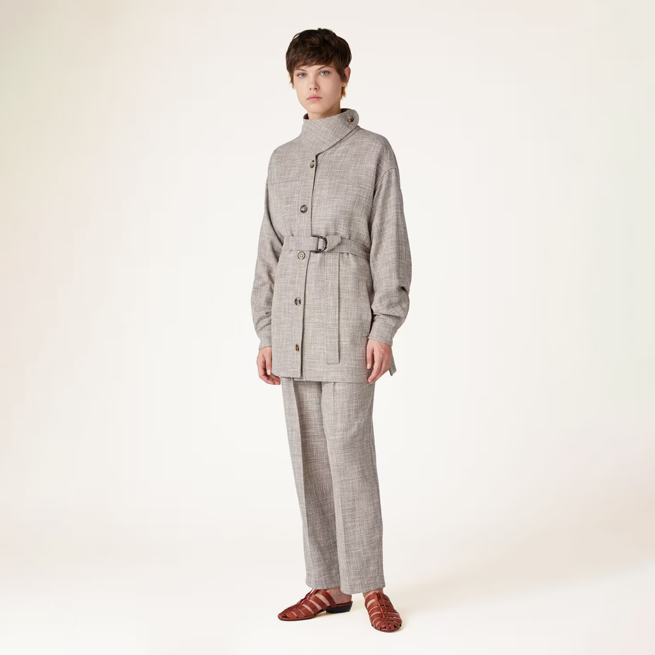 NIGO Loro Piana Women's Spring And Autumn Solid Color Standing Collar Single-Breasted Belt Wool Blend Ardian Jacket Casual High-Waisted Lien Pants Ngvp #nigo9161