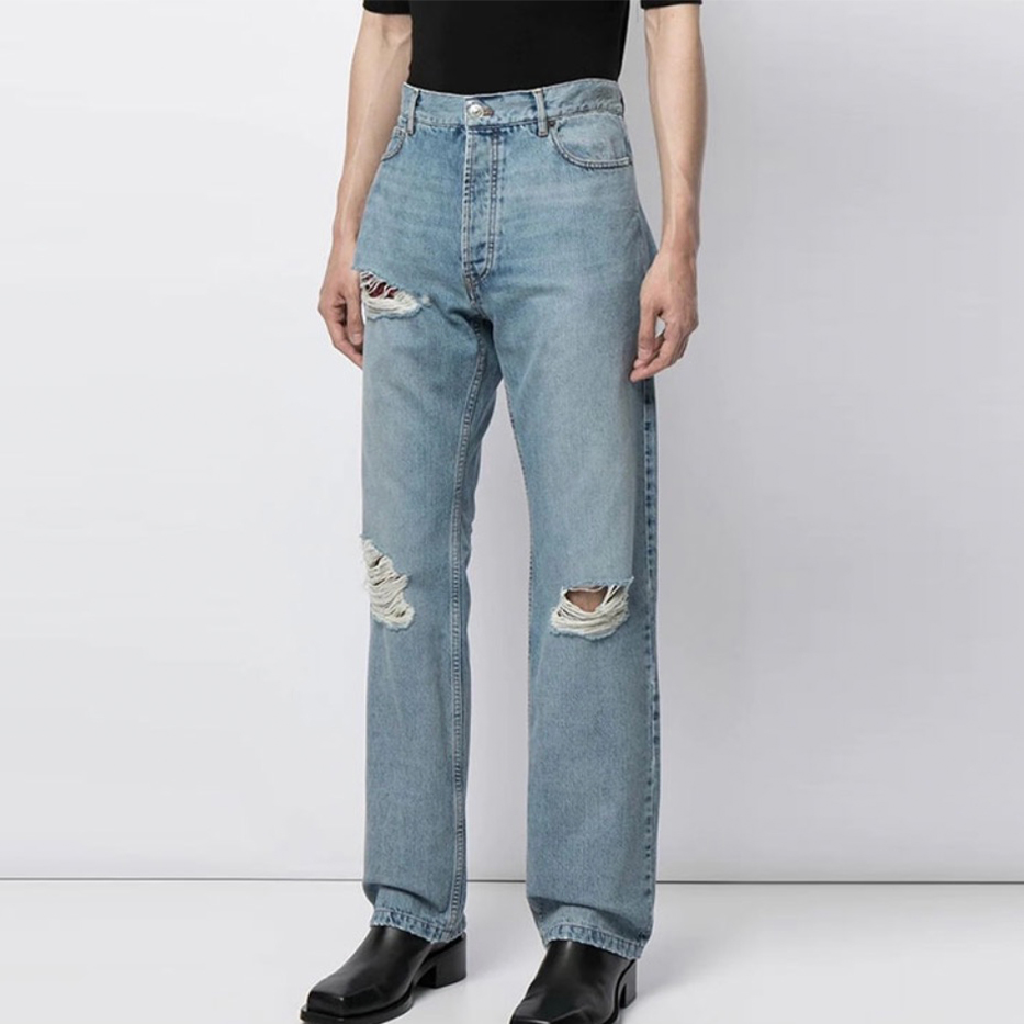 NIGO Balenciaga Men's Spring And Autumn Cotton Straight Leg Loose Blue Ripped Pants, Red Checkered Double-Layer Denim Pants Ngvp #nigo9166