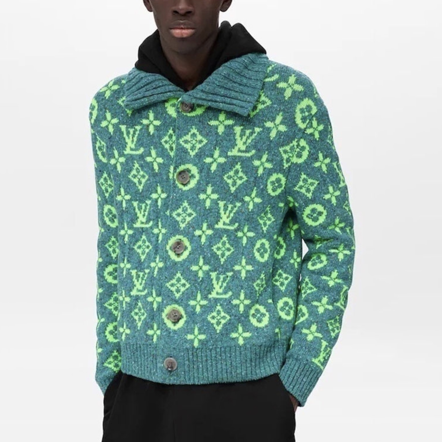 NIGO Louis Vuitton Men's Fall/Winter Green Monogrammed Pattern Knit Single Breasted Sweater Jacket #nigo72785
