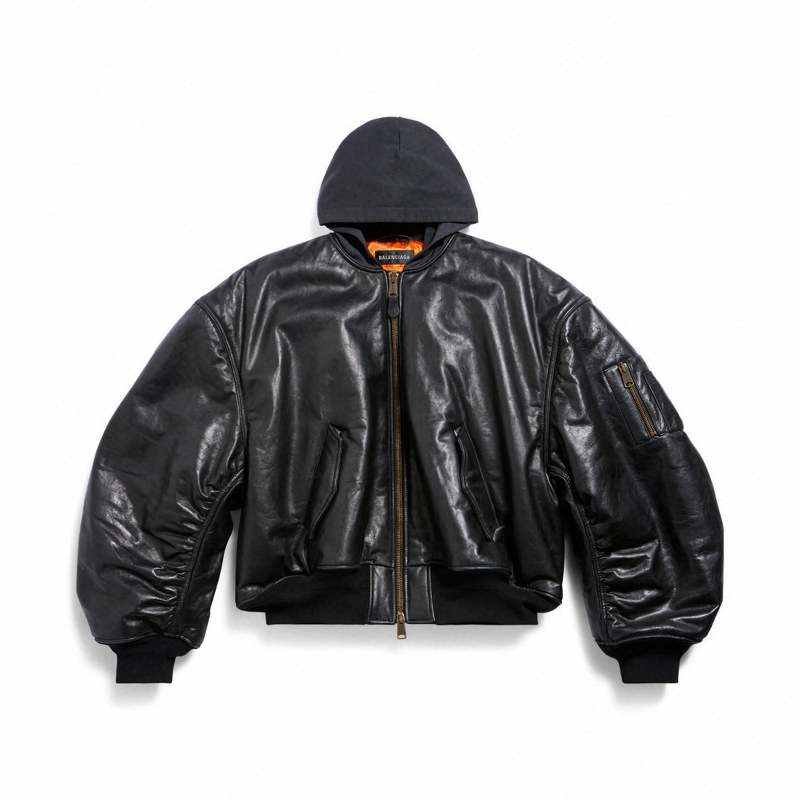 NIGO Balenciaga Men's Fall/Winter Black Letter Print Hooded Drop Shoulder Long Sleeve Zipper Leather Jacket #nigo72777