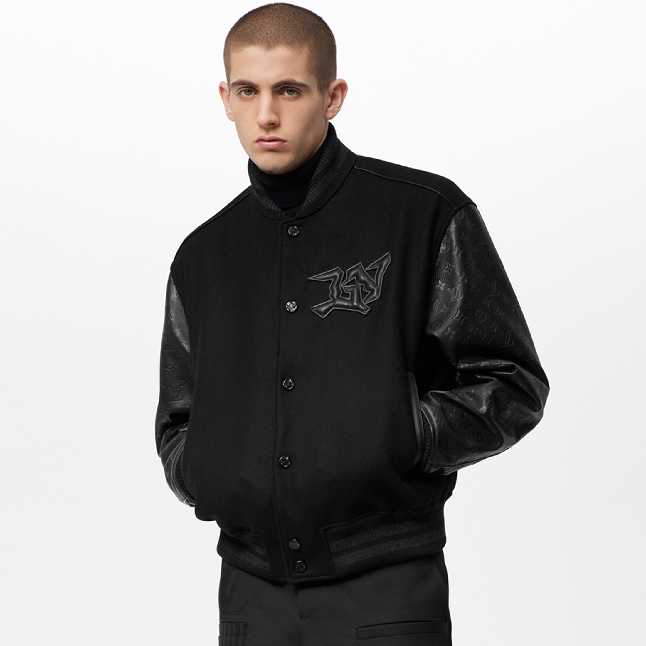 NIGO Louis Vuitton Men's Fall/winter Monogram Embossed Leather Drawstring Jacket Black Abstract Graffiti Logo Jacket Baseball Jersey #nigo71424