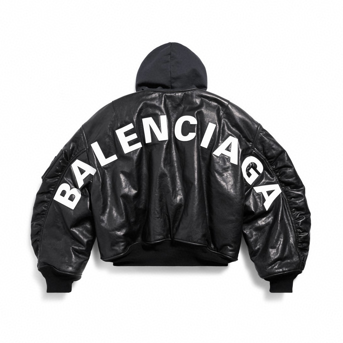 NIGO Balenciaga Men's Fall/Winter Black Letter Print Hooded Drop Shoulder Long Sleeve Zipper Leather Jacket #nigo72777
