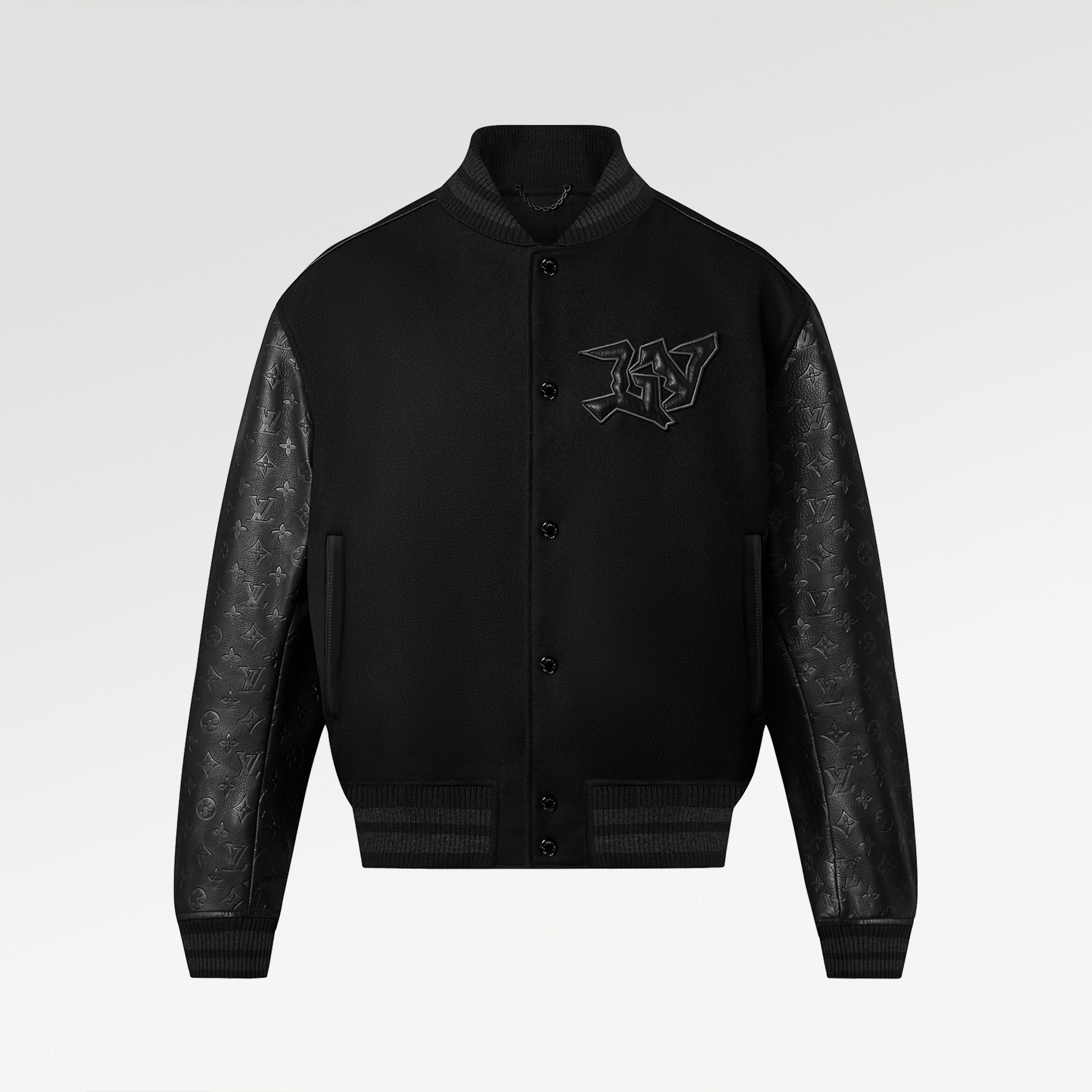 NIGO Louis Vuitton Men's Fall/winter Monogram Embossed Leather Drawstring Jacket Black Abstract Graffiti Logo Jacket Baseball Jersey #nigo71424