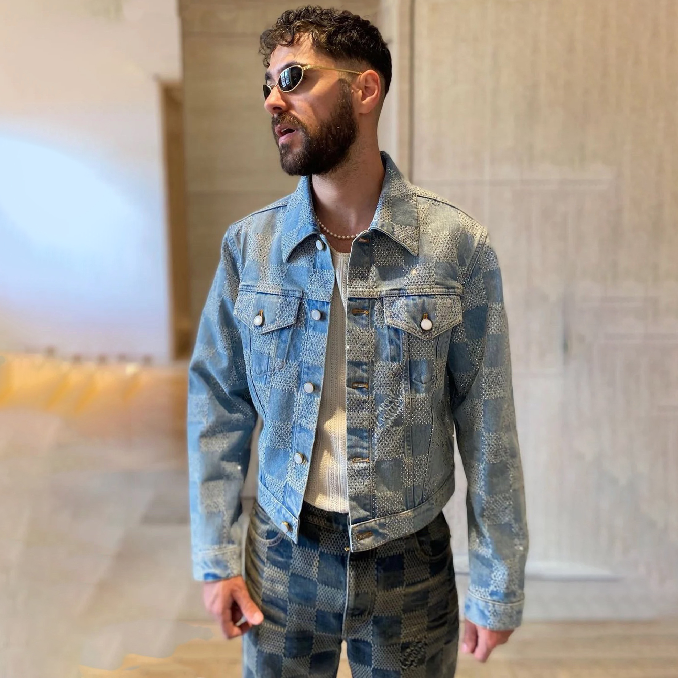 NIGO Louis Vuitton Men's Fall And Winter Mto Embellished Damier Denim Jacket Checkerboard Checkered Jacket With Diamonds Fashionable Versatile Jacket Ngvp #nigo9126