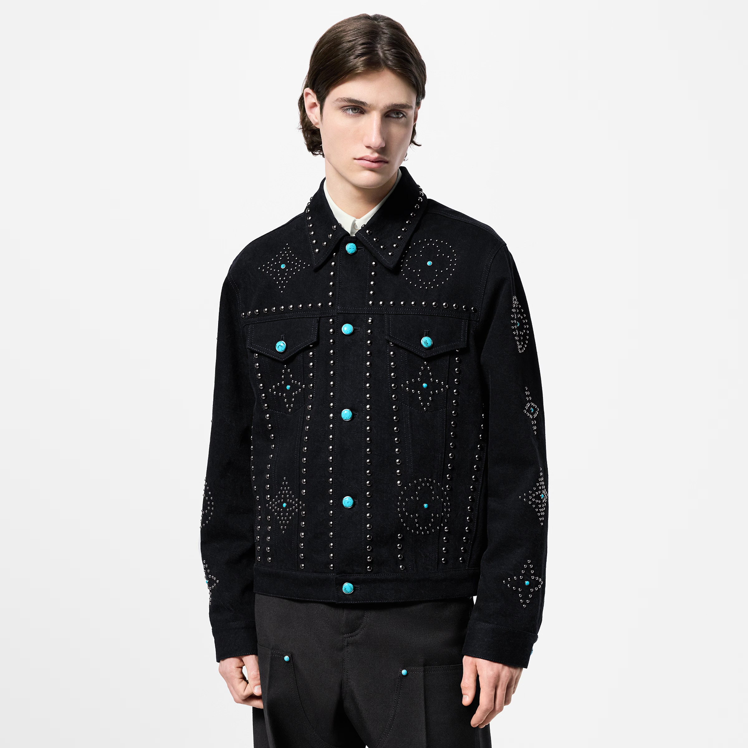 NIGO Louis Vuitton Men's Fall/Winter Black Logo Pattern Embroidery Lapel Long Sleeve Denim Jacket #nigo72824