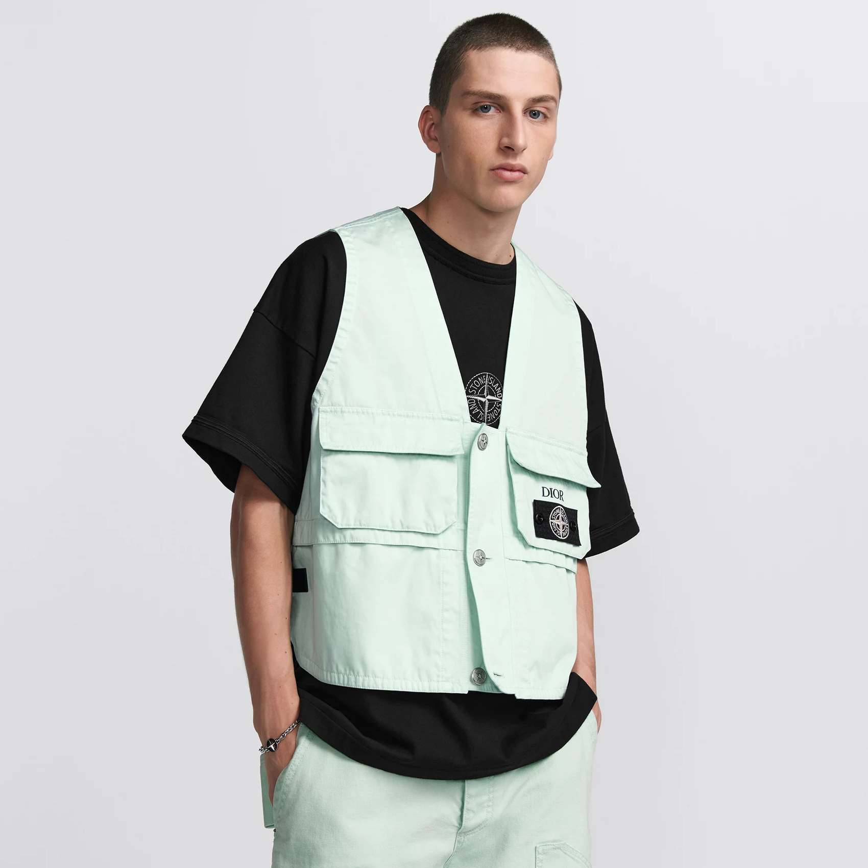 NIGO Dior X Stone Island  Men's Solid Color Letter Logo Patch V-Neck Single Breasted Cotton Vest Jacket #nigo72812