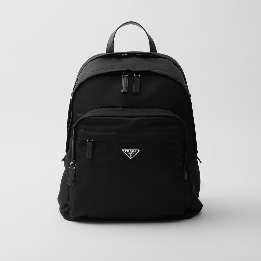 NIGO Prada Men's Fashion Metal Logo Casual Black Re-Nylon With Saffiano Leather Backpack Shoulder Bag #nigo71435