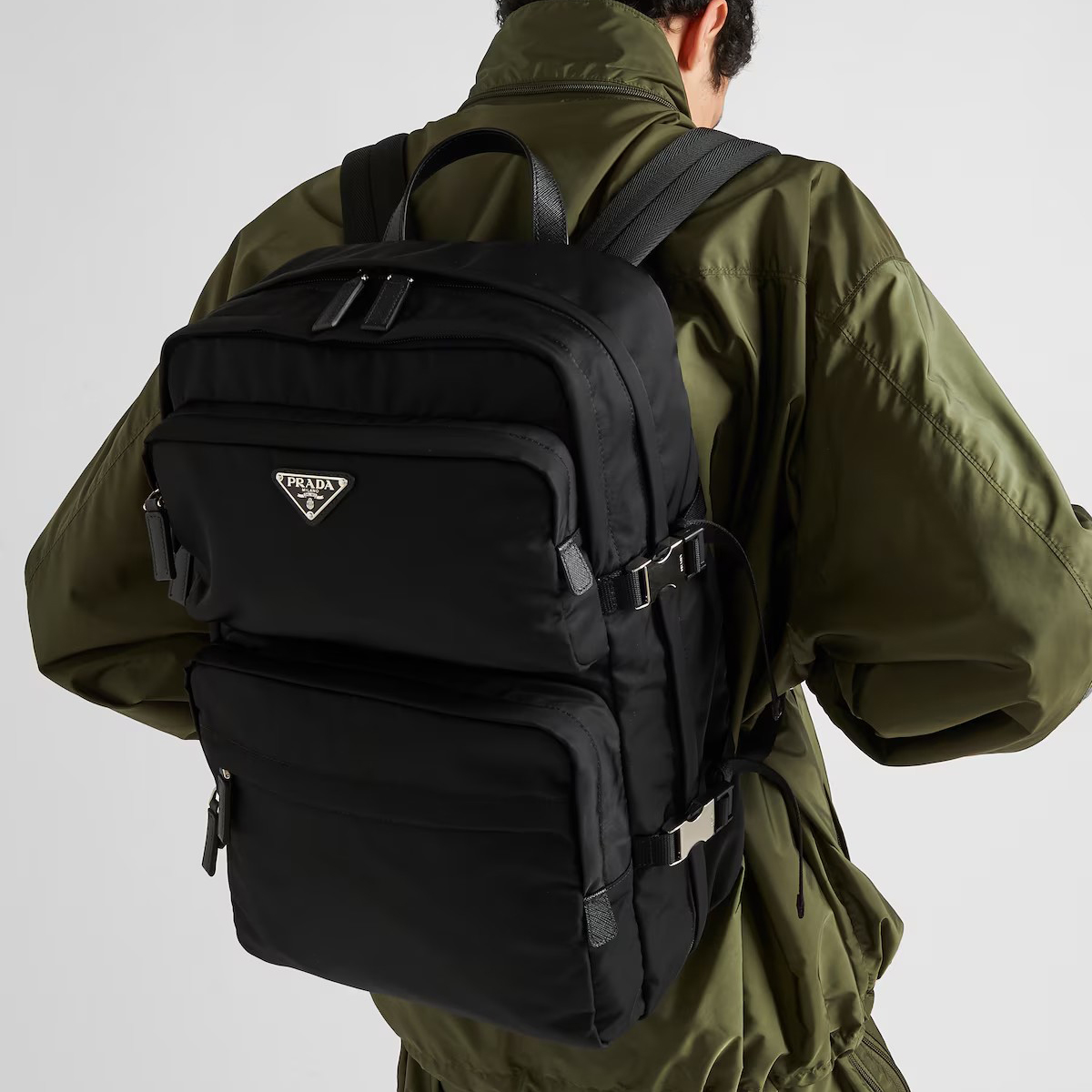 NIGO Prada Men's Fashion Black Re-Nylon With Saffiano Leather Backpack Casual Shoulder Bag #nigo71434