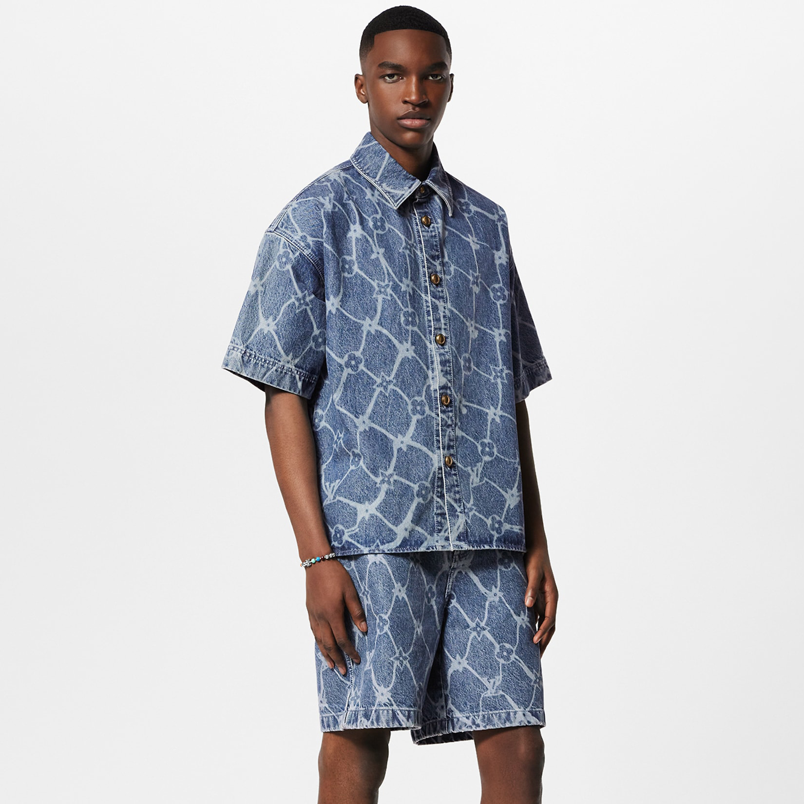 NIGO Louis Vuitton Men's Summer Blue Logo Printed Lapel Single Breasted Denim Short Sleeve Shirt Zipper Straight Jeans Shorts Set Suit #nigo72819
