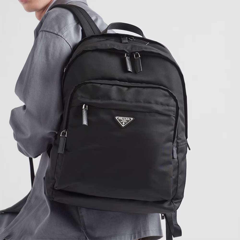 NIGO Prada Men's Fashion Metal Logo Casual Black Re-Nylon With Saffiano Leather Backpack Shoulder Bag #nigo71435