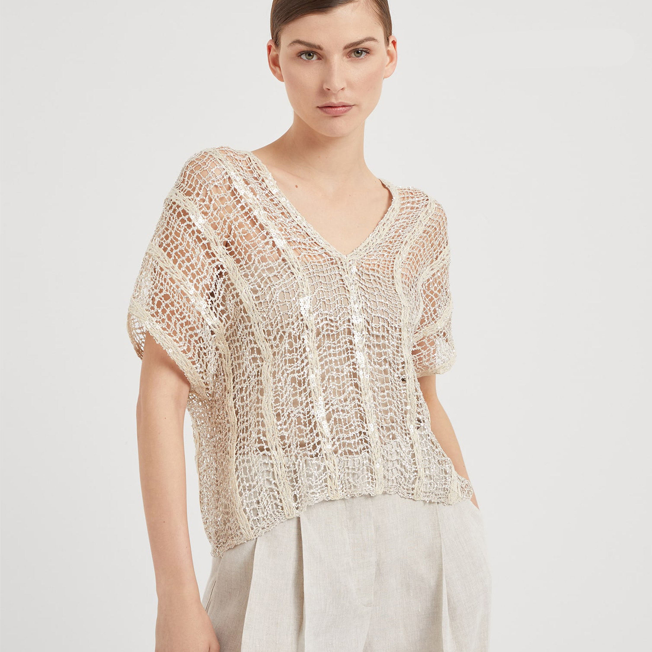 NIGO Brunello Cucinelli Women's Spring And Summer Shining Stripes Decoration Mesh Hole Embroidery T-shirt Half-body Skirt Set Fashion Casual Temperament Suit Set Ngvp #nigo9129