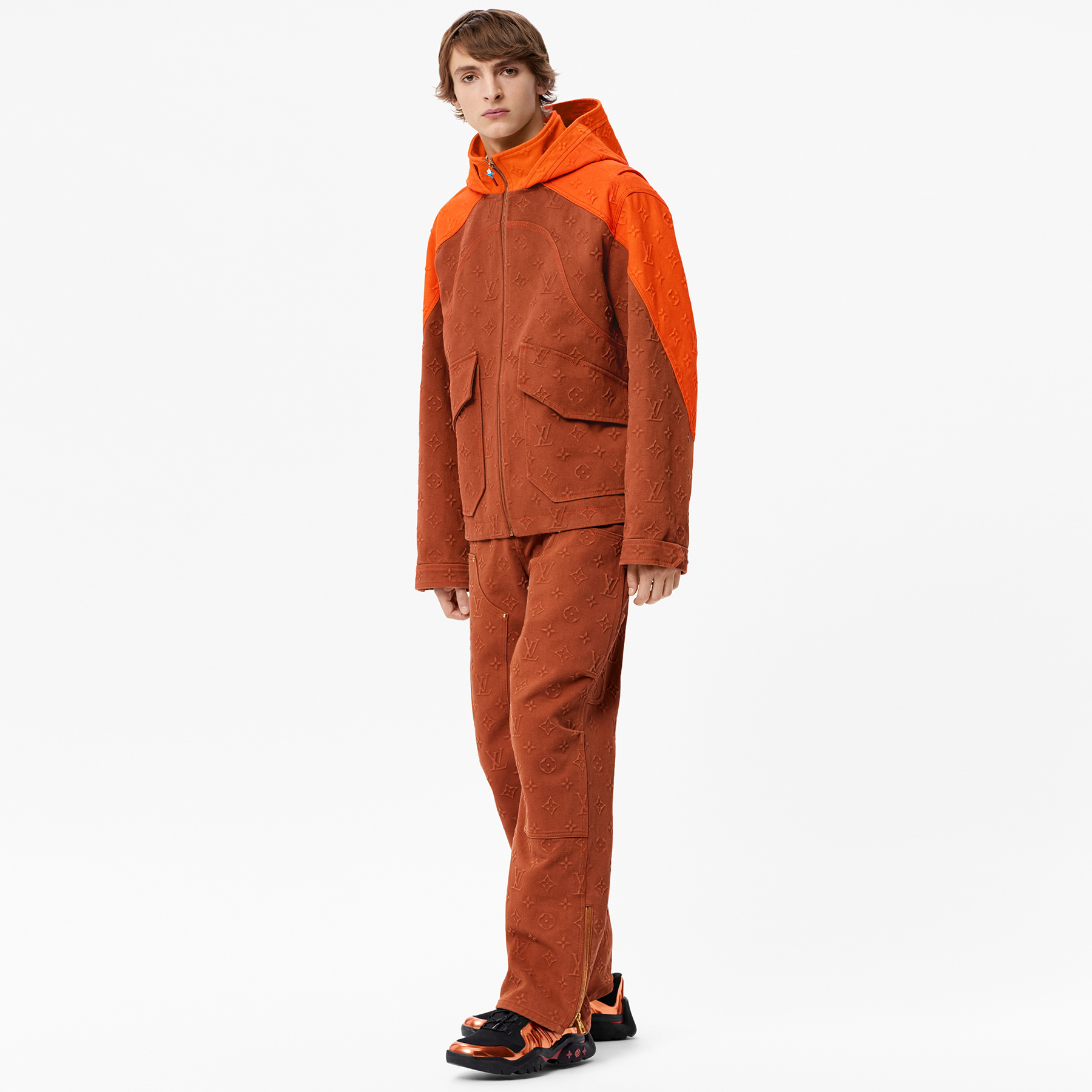 NIGO Louis Vuitton Men's Fall and Winter Full Print Logo Denim Zipper Hooded Jacket Casual Work Pants Set Suit #nigo72826