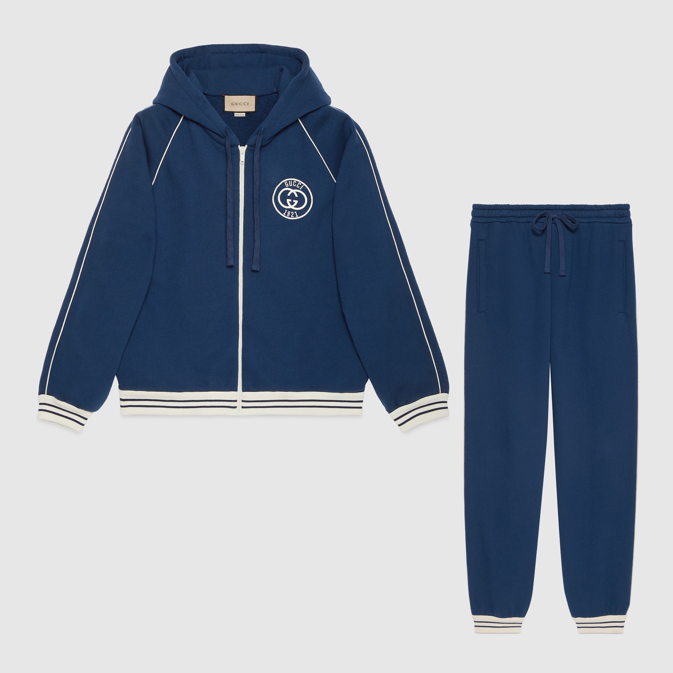 NIGO Gucci Men's Spring and Autumn Blue Applique Cotton Plain Knit Hooded Zipper Sport Sweatshirt Jacket Elastic Mid Waist Drawstring Pants Set Suit #nigo72829