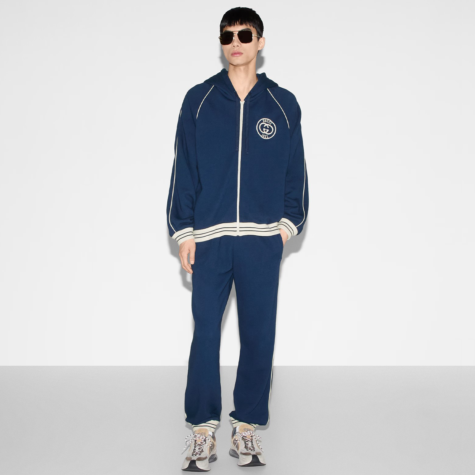 NIGO Gucci Men's Spring and Autumn Blue Applique Cotton Plain Knit Hooded Zipper Sport Sweatshirt Jacket Elastic Mid Waist Drawstring Pants Set Suit #nigo72829