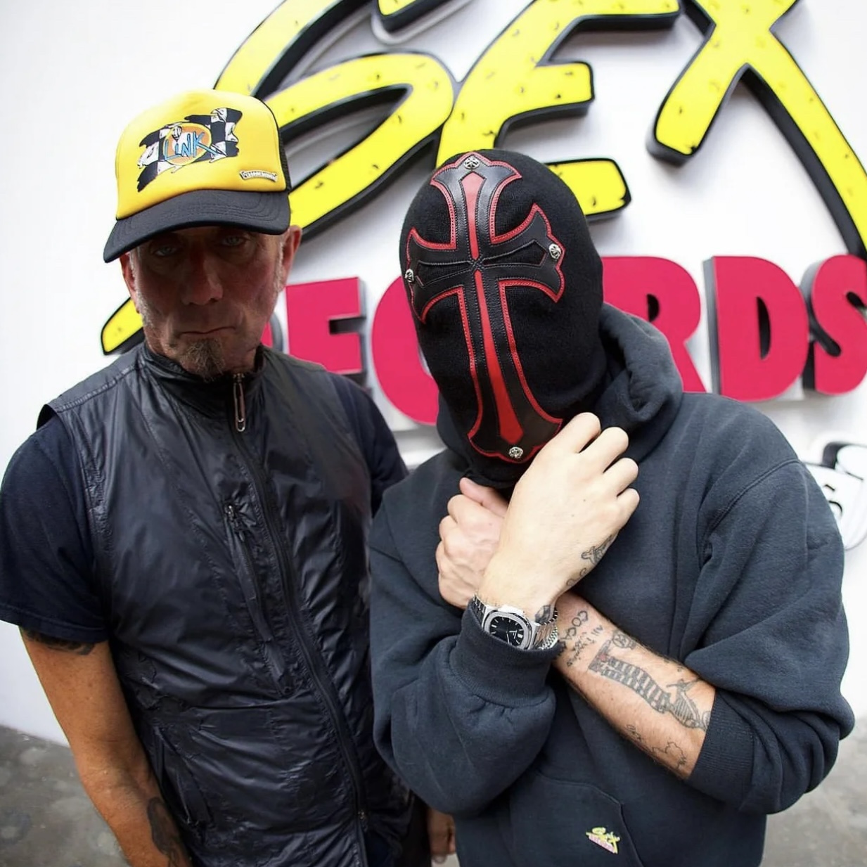 NIGO Chrome Hearts Men's Black and Red Cross Patchwork Leatherface Photo Hooded Hat Cap #nigo72853