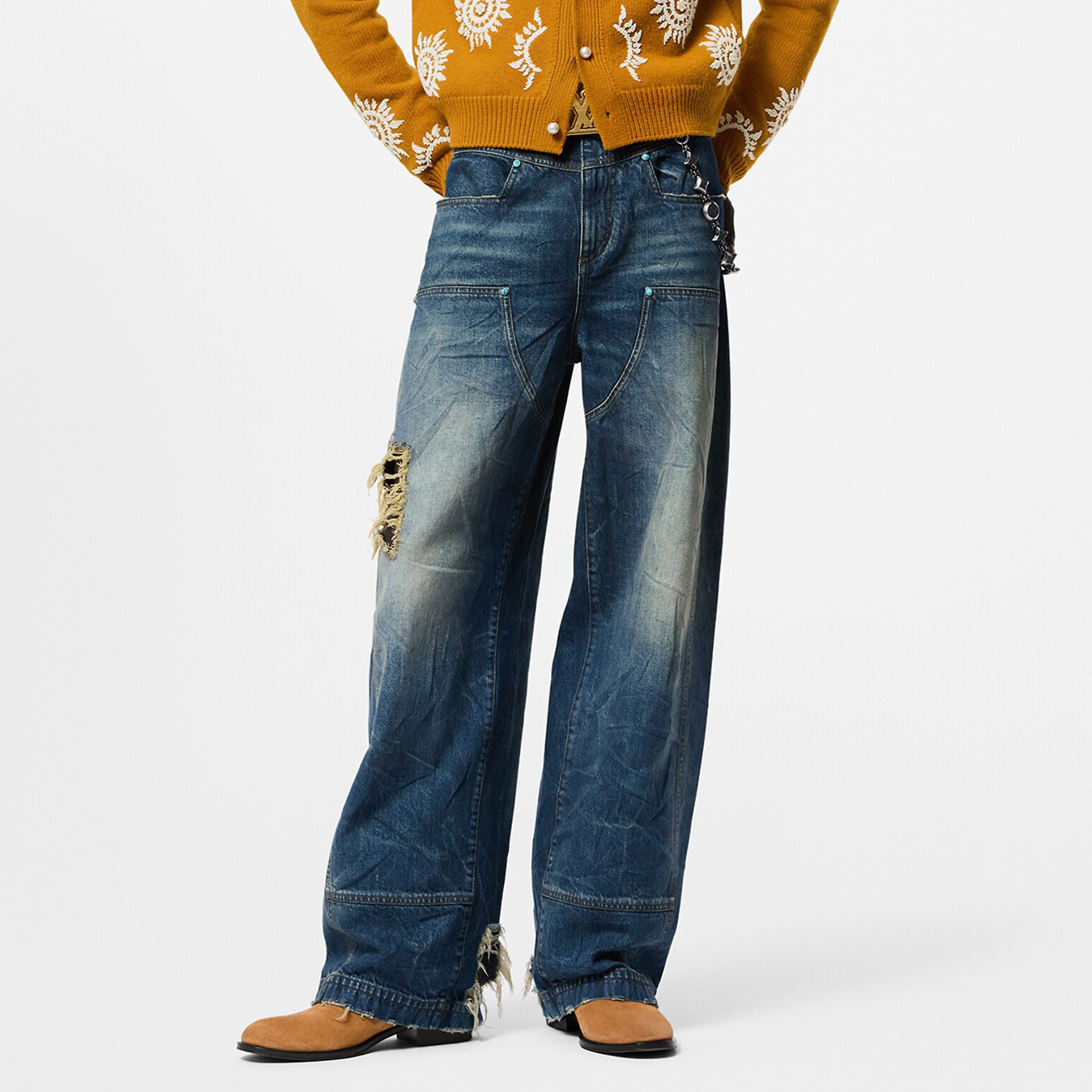 NIGO Louis Vuitton Men's Four Seasons Fashion Hole Retro High Street Old Washed Jeans Straight Wide Leg Pants Ngvp #nigo9131