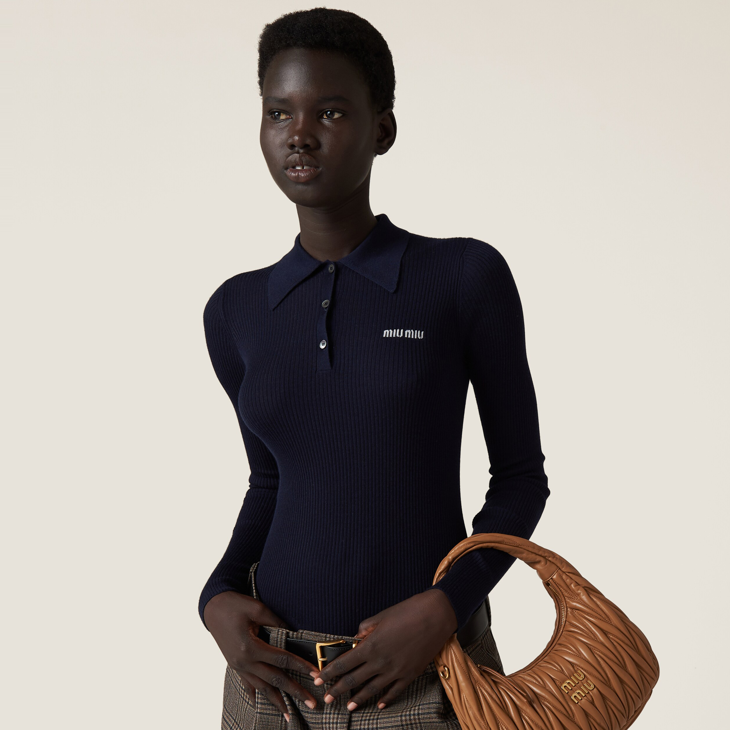 NIGO MiuMiu Women's Solid Color Logo Letter Print Casual Cashmere Long Sleeve Polo Shirt Top #nigo72844