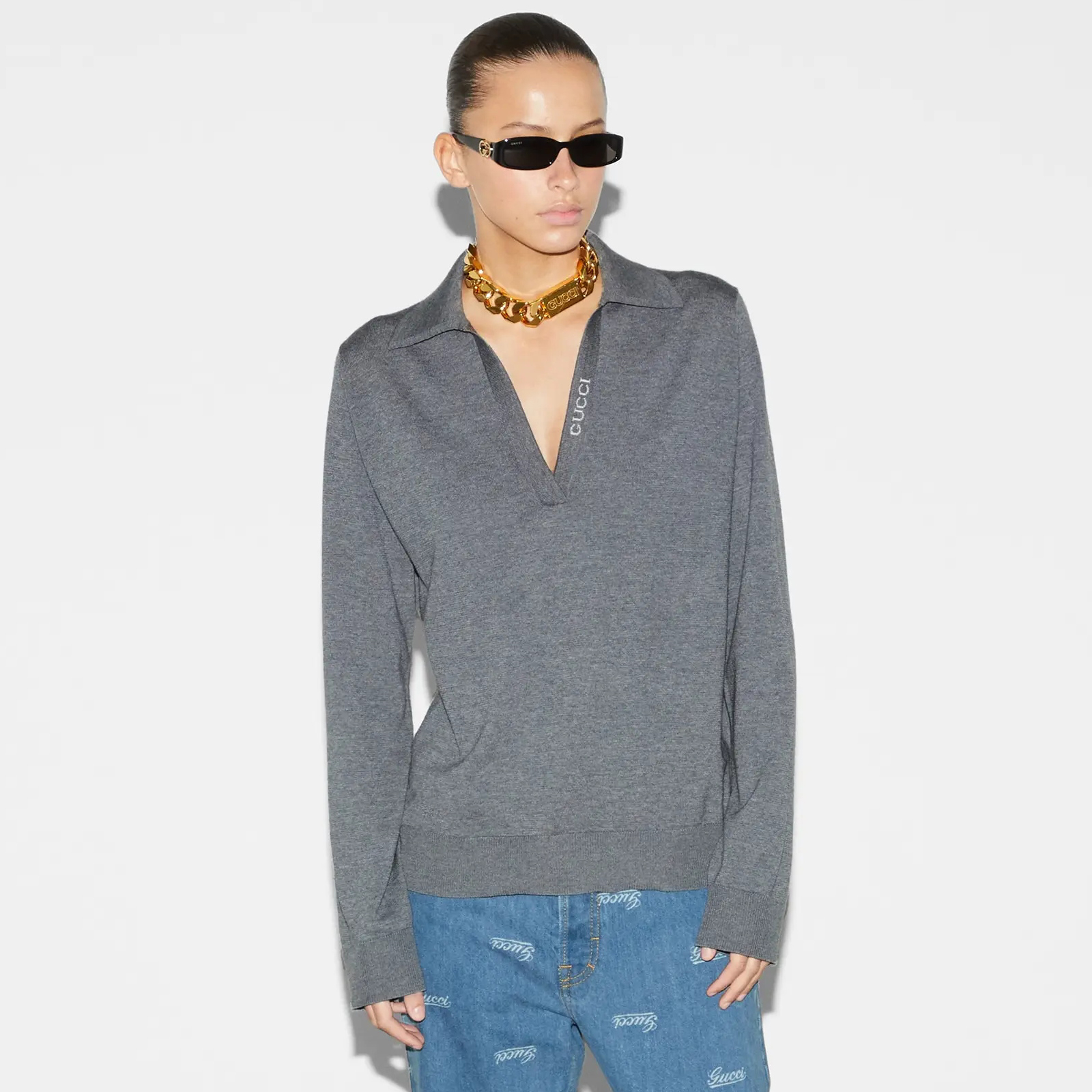 NIGO Gucci Women's Spring and Autumn Gray Letter V-Neck Loose Wool Long Sleeve Sweater #nigo72845