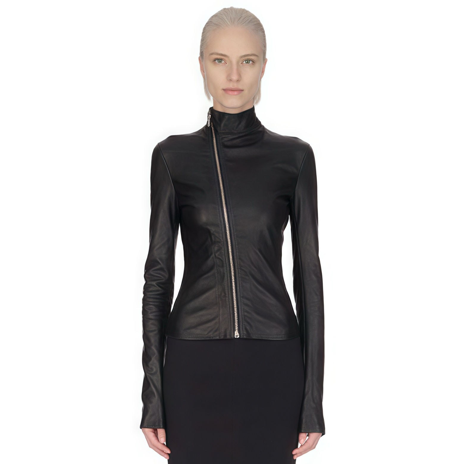 NIGO Rick Owens Women's Spring And Autumn Solid Color Lambskin Asymmetric Zipper Slim Long Sleeve Leather Jacket Ngvp #nigo9176