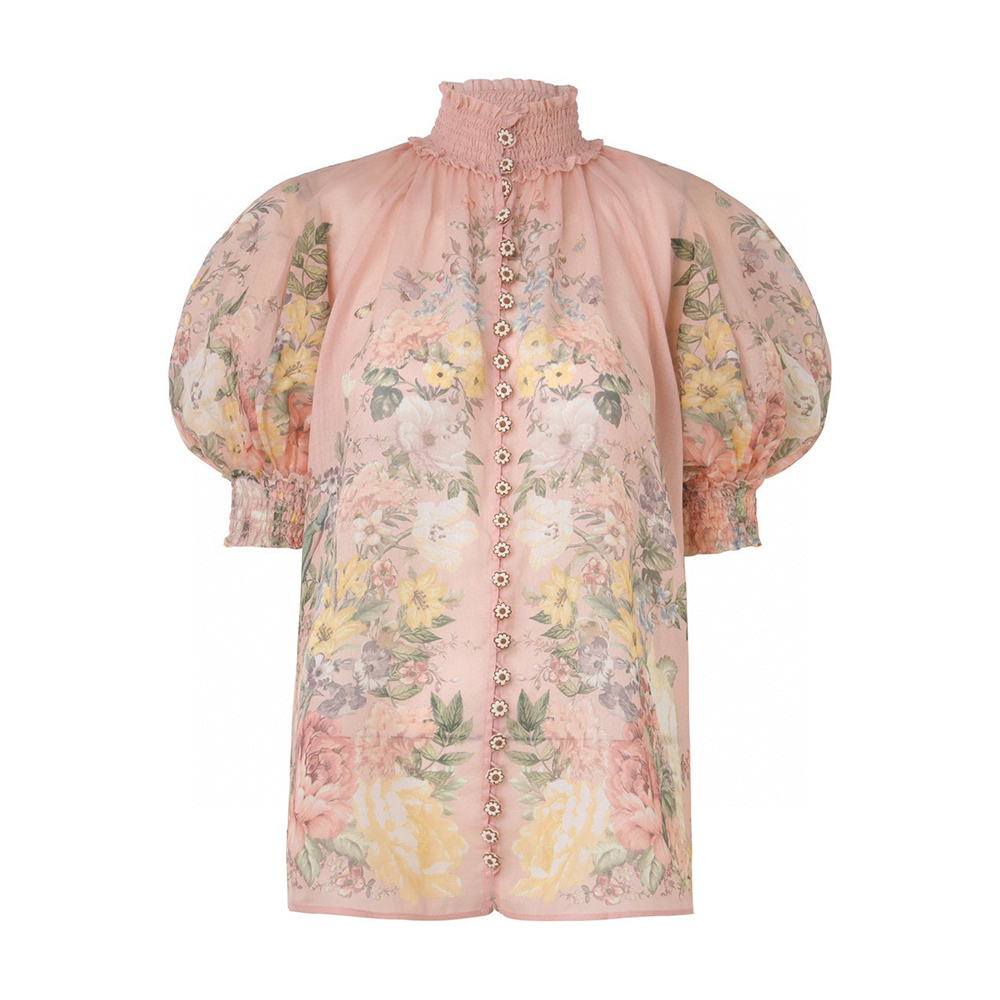 NIGO Zimmermann Women's Spring/Summer Waverly Floral Print High Collar Bubble Sleeve Ramie Shirt High Waist Casual Solid Color Linen Shorts #nigo71453