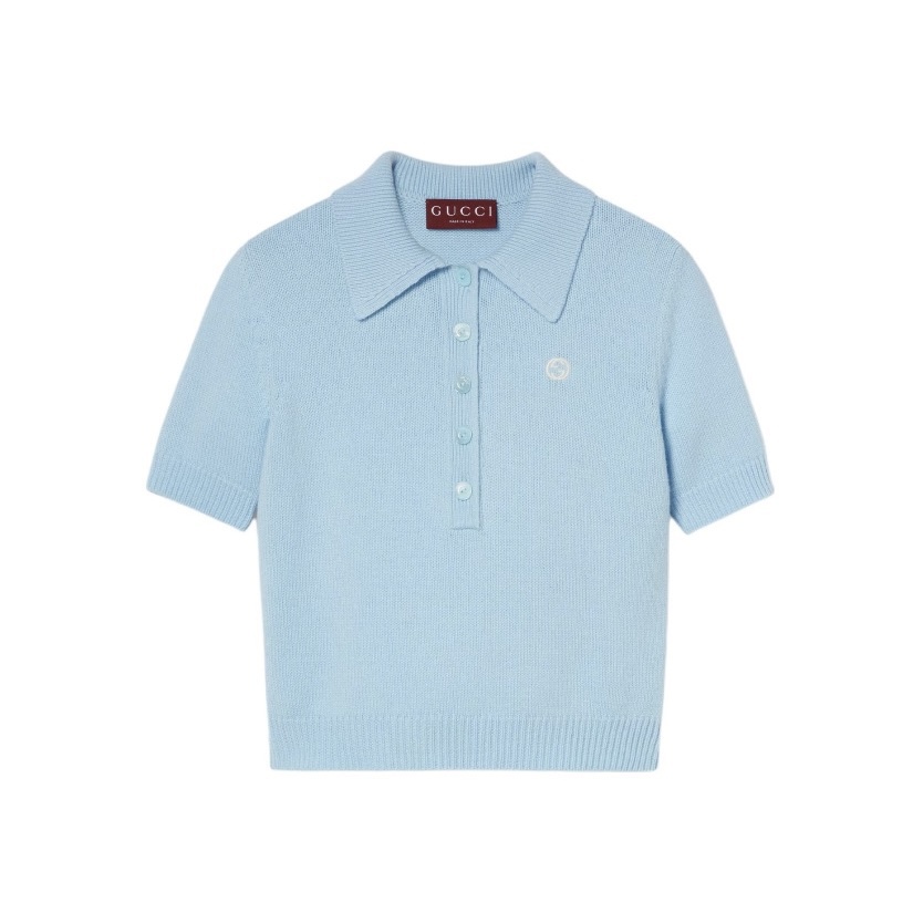 NIGO Gucci Women's Spring And Summer Blue Short-sleeved T-shirt Double G Logo Knitted Polo Shirt Buttons Fashion Casual Tops #nigo71481