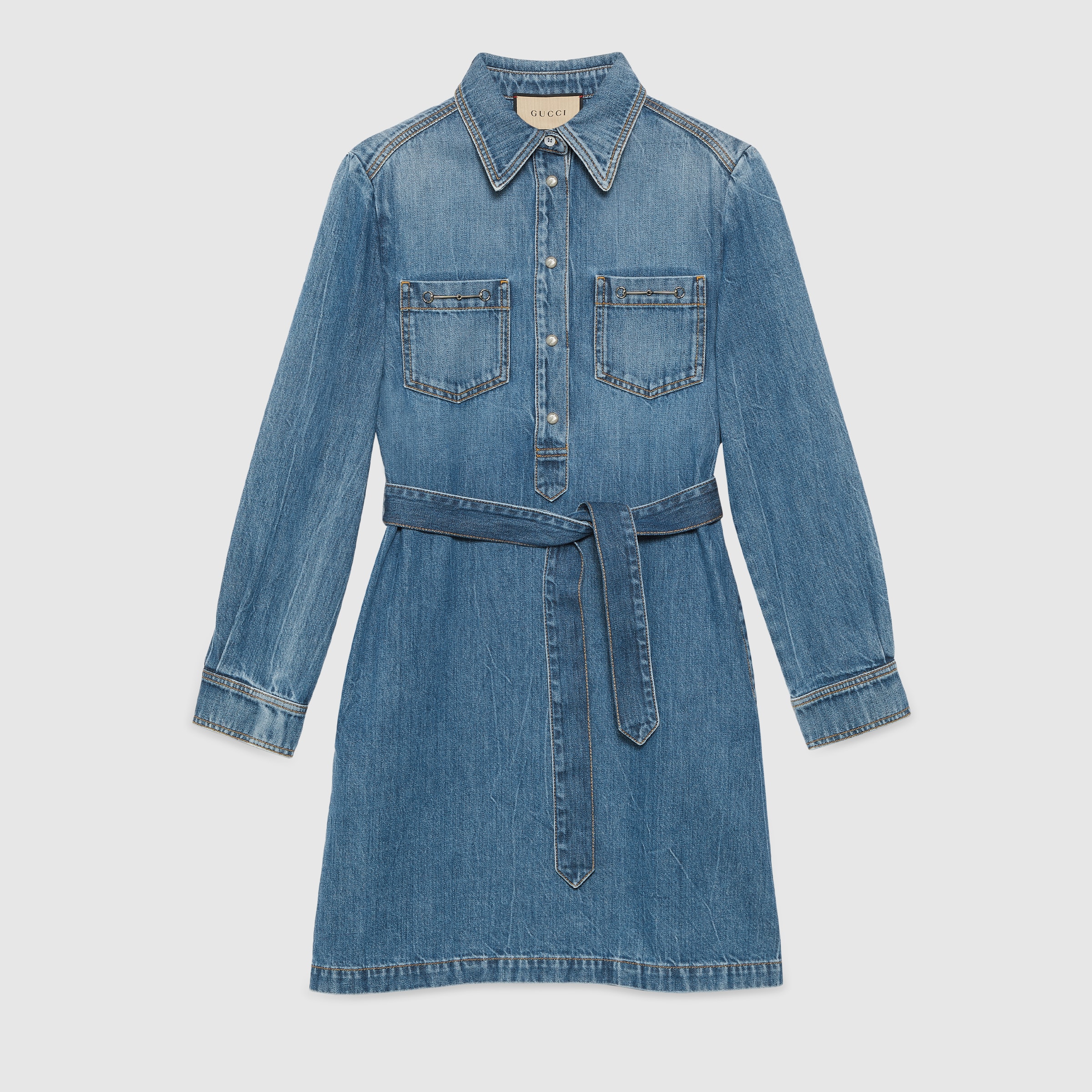 NIGO Gucci Women's Spring And Autumn Fashion Blue Denim Dress Vintage Silhouette Belted Shirt Dresses #nigo71483