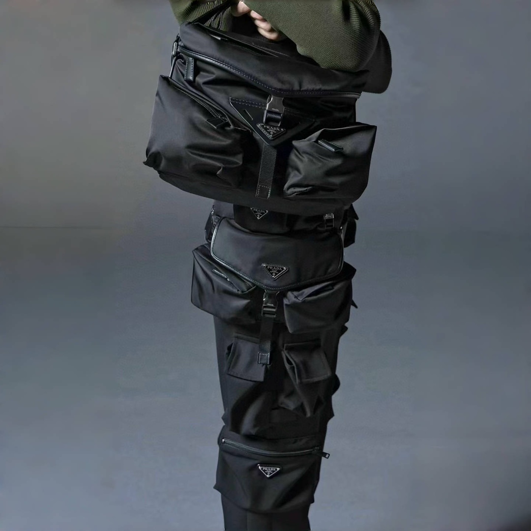 NIGO Prada Men's Spring and Autumn Black Triangle Label Multi-Pocket Zipper Nylon Workwear Long Pants #nigo72861