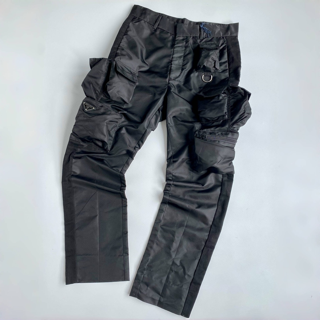 NIGO Prada Men's Spring and Autumn Black Triangle Label Multi-Pocket Zipper Nylon Workwear Long Pants #nigo72861