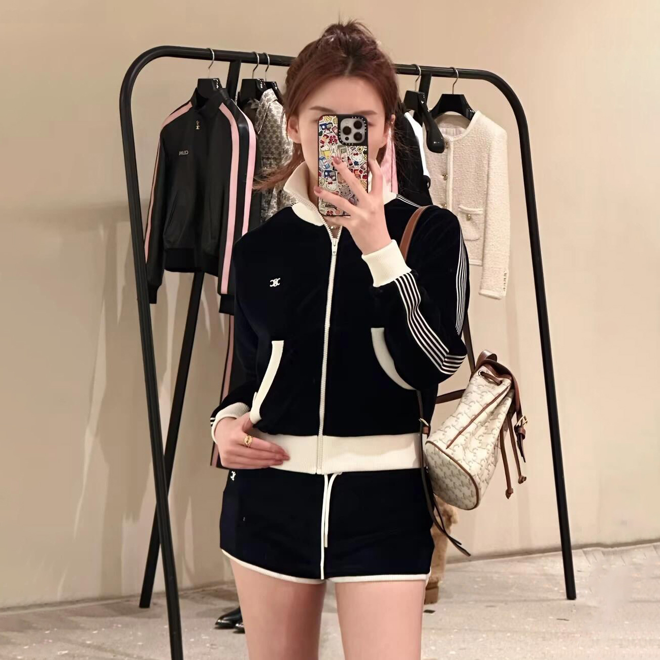 NIGO Celine Women's Spring and Autumn Navy Blue Stripe Printed Zipper Plain Knit Jacket Lace-Up Lounge Pants Set Suit #nigo72867