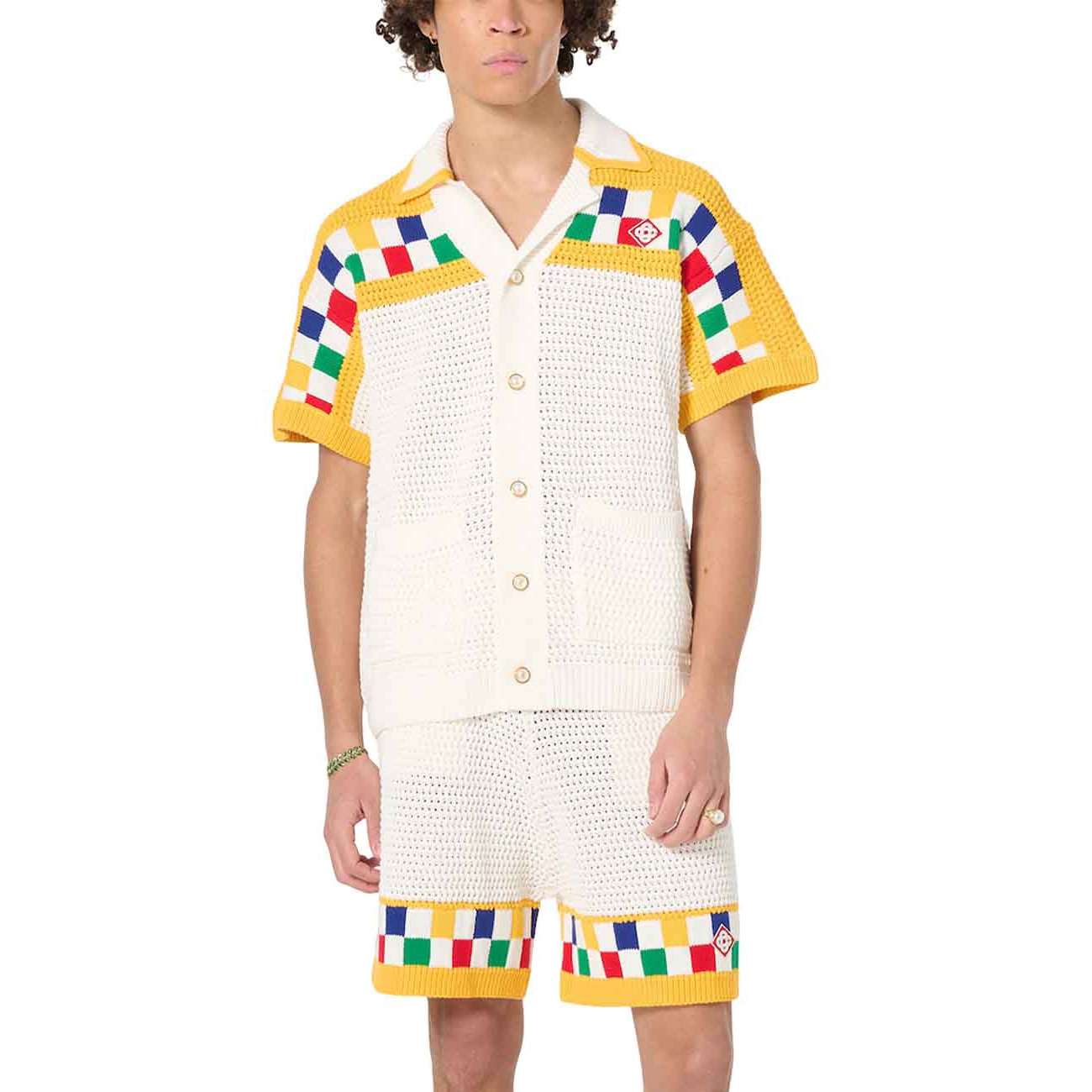 NIGO Casablanca Men's Summer Color Block Crochet V-Neck Knit Single Breasted Short Sleeve Shirt Shorts Set Suit #nigo72869