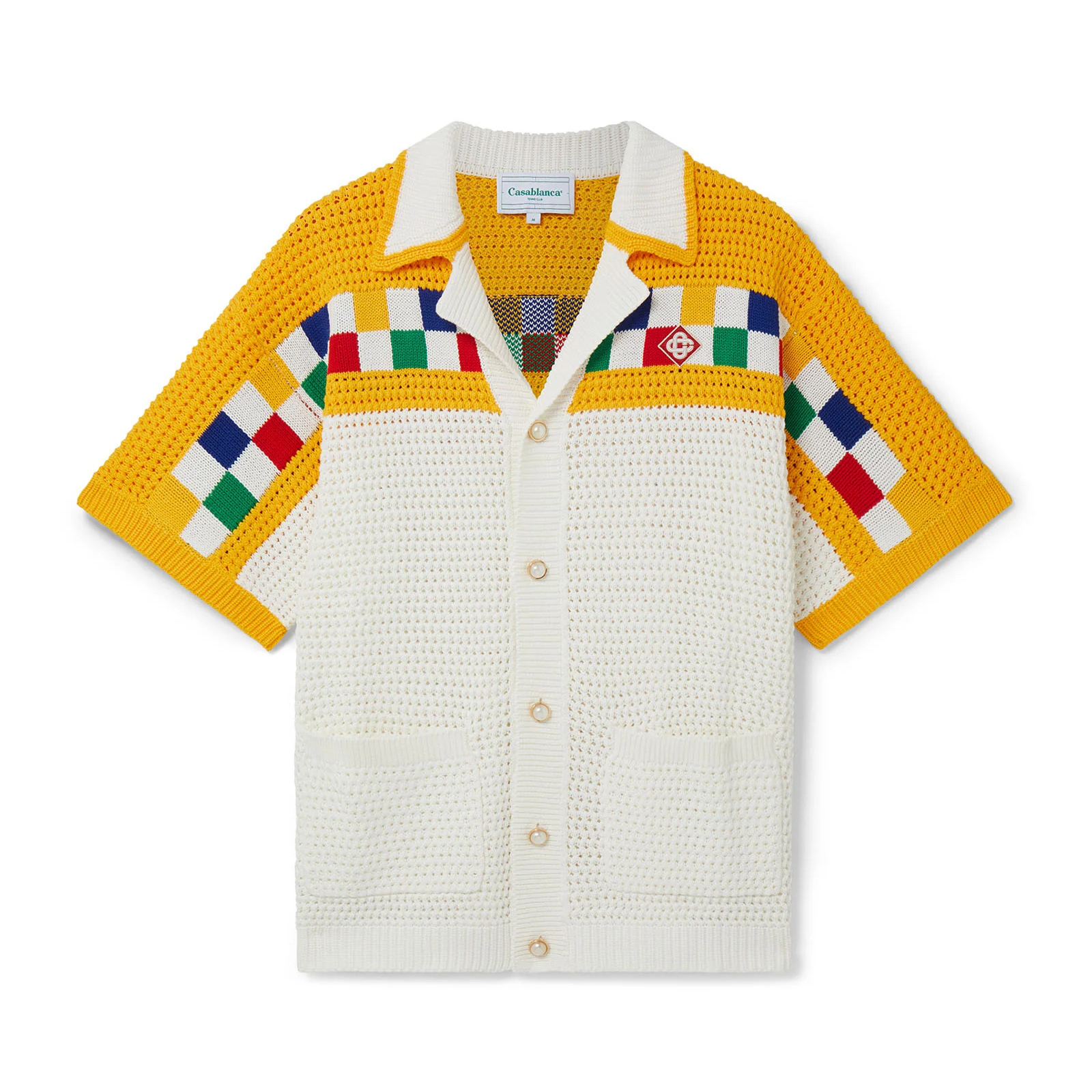 NIGO Casablanca Men's Summer Color Block Crochet V-Neck Knit Single Breasted Short Sleeve Shirt Shorts Set Suit #nigo72869