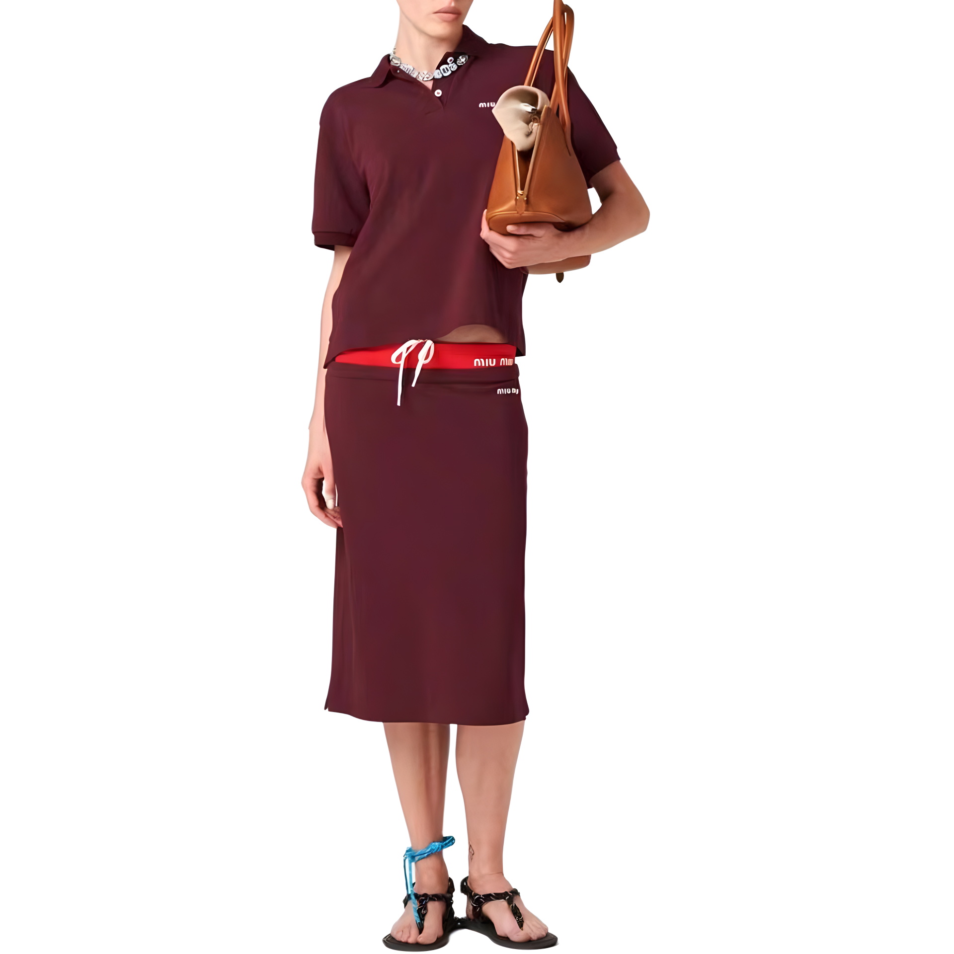 NIGO MiuMiu Women's Summer Red Logo Letter Embroidery Short Sleeve Polo Shirt T-Shirt Tie Short Skirt Set Suit #nigo72866