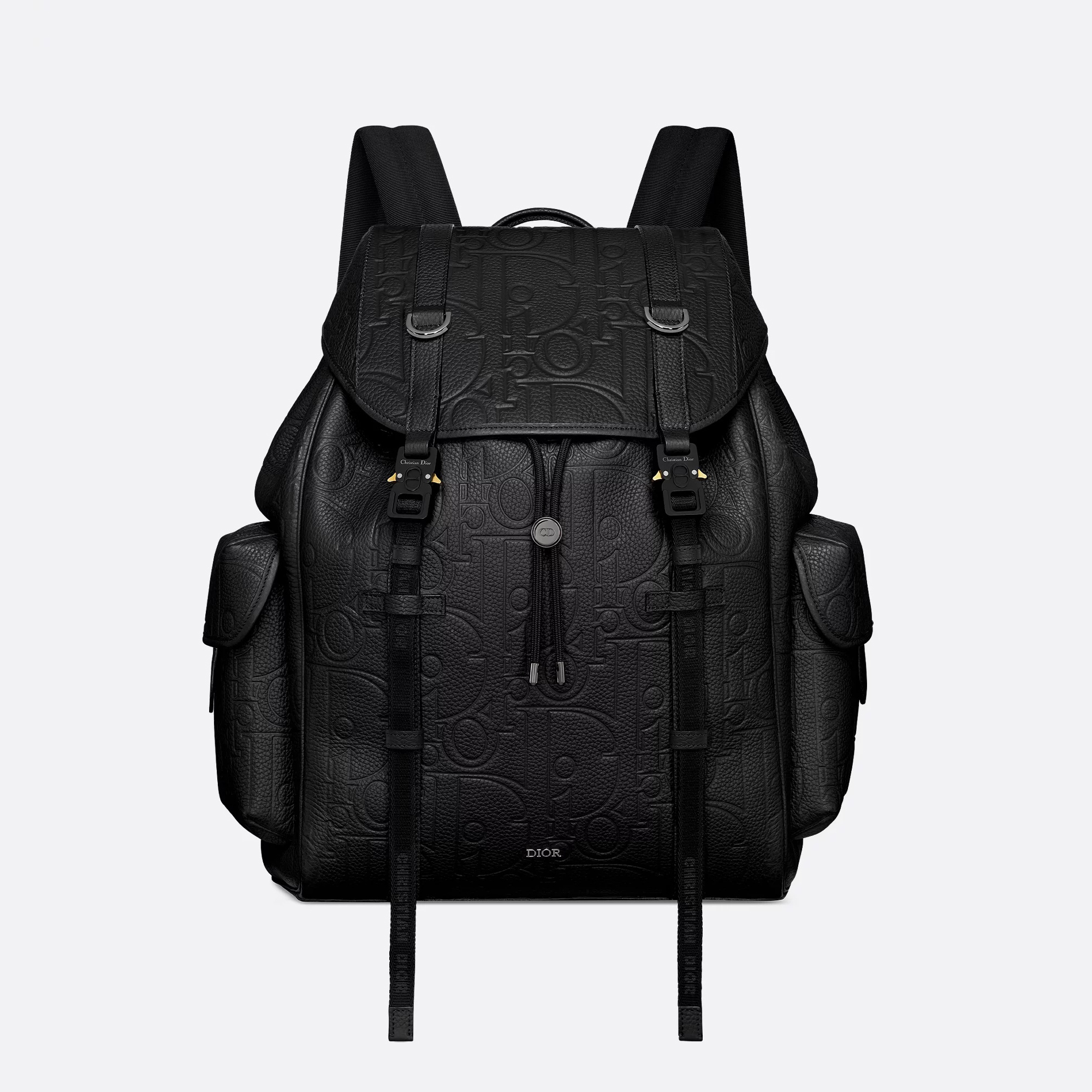 NIGO Dior Men's Black Adjustable Shoulder Strap Drawstring Closure Letter Embossed Grained Cowhide Shoulder Bag Bags #nigo72871