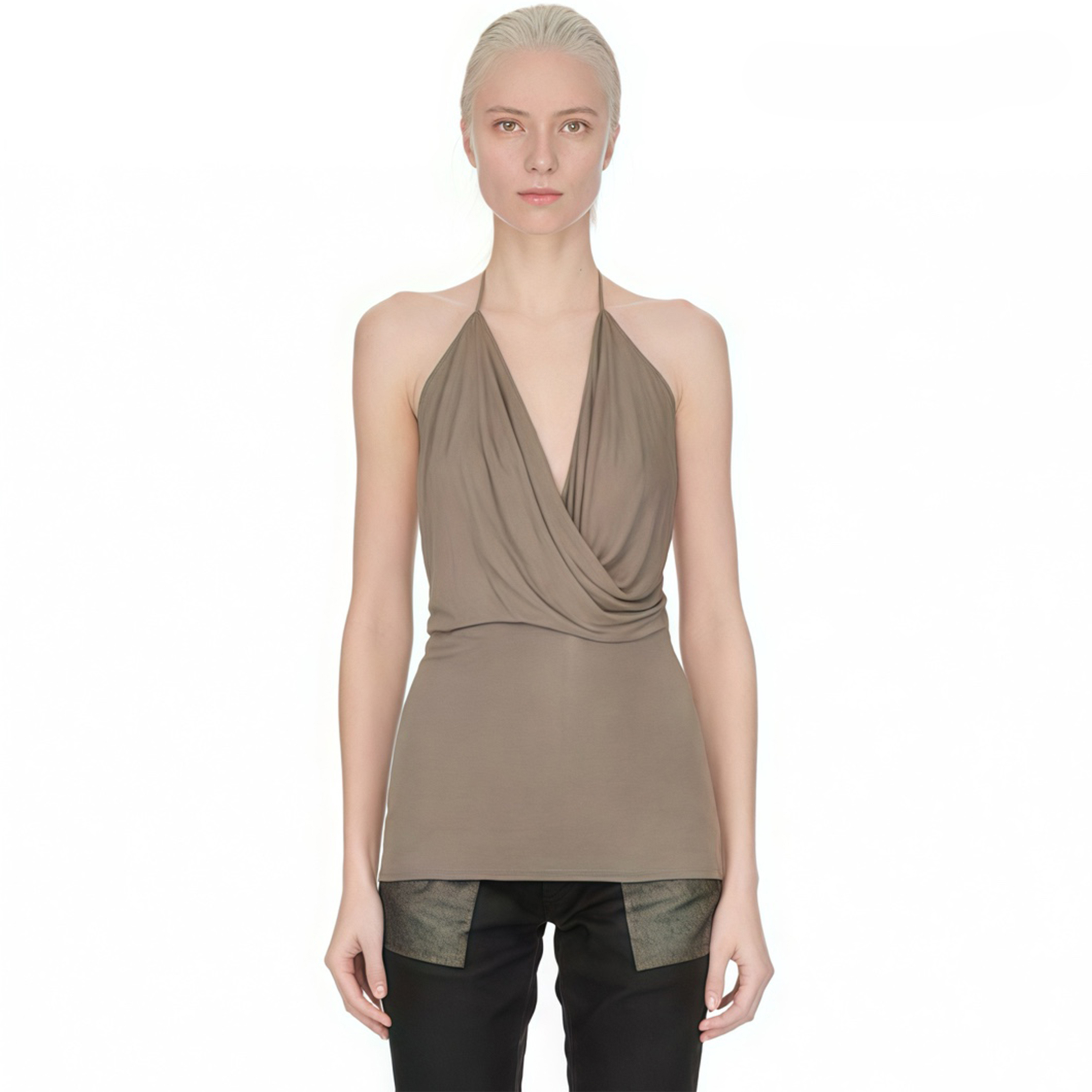 NIGO Rick Owens Women's Spring And Summer V-neck Halter Ruched Undershirt Top Solid Color Fashion Versatile Backless Tops Ngvp #nigo9143