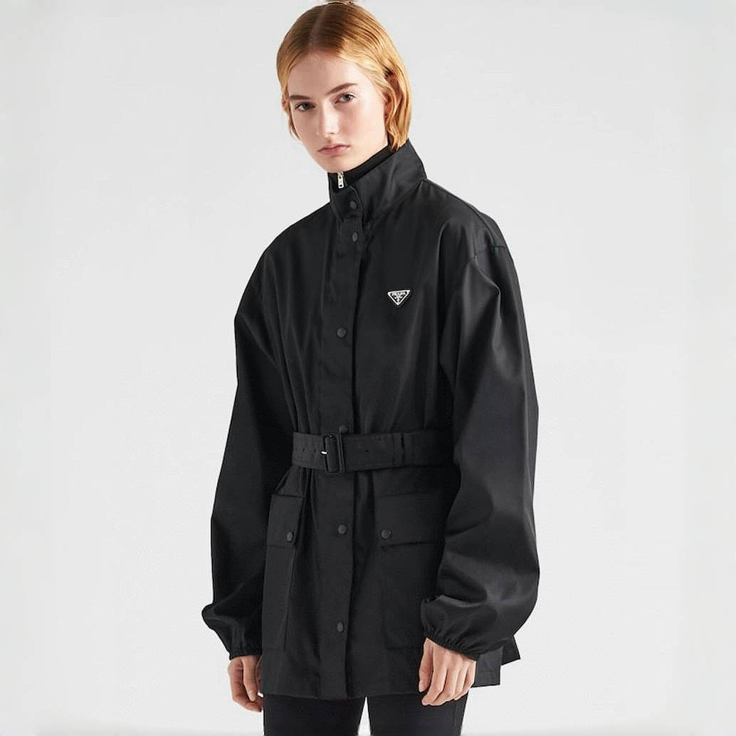 NIGO Prada Women's Fall And Winter Black Logo Collar Nylon Zipper Single Breasted Long Sleeved Jacket #nigo72874