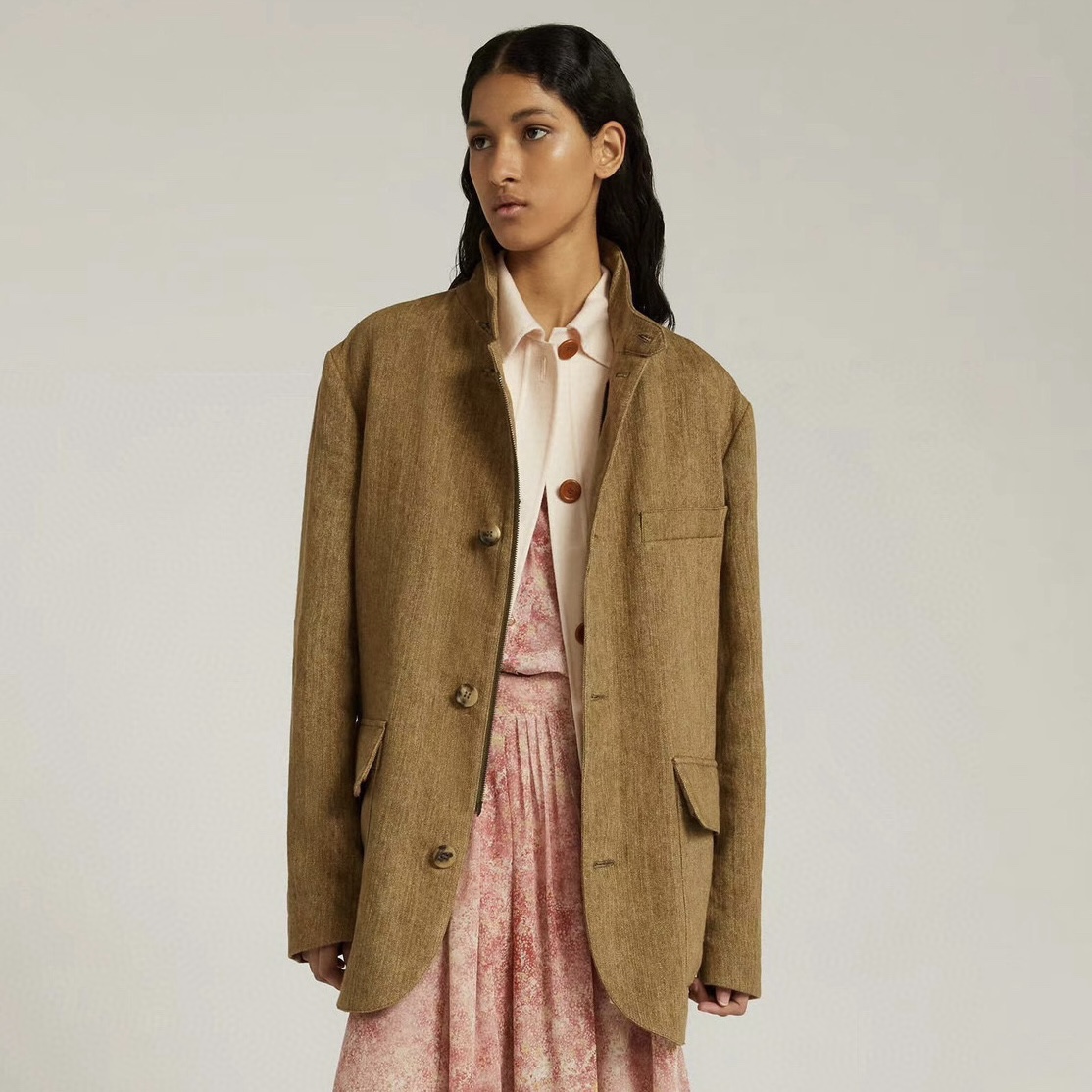 NIGO Loro Piana Roadster Signature Patterned Women's Spring And Fall Brown Linen Jacket Fashion Casual Single-breasted Stand-up Collar Windbreakert Ngvp #nigo6675