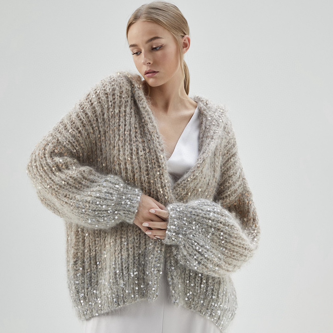 NIGO Brunello Cucinelli Women's Spring and Autumn Gradient Glitter Hooded Knitted Sweater Fashion Casual Knitted Button Open Sweater Ngvp #nigo6624