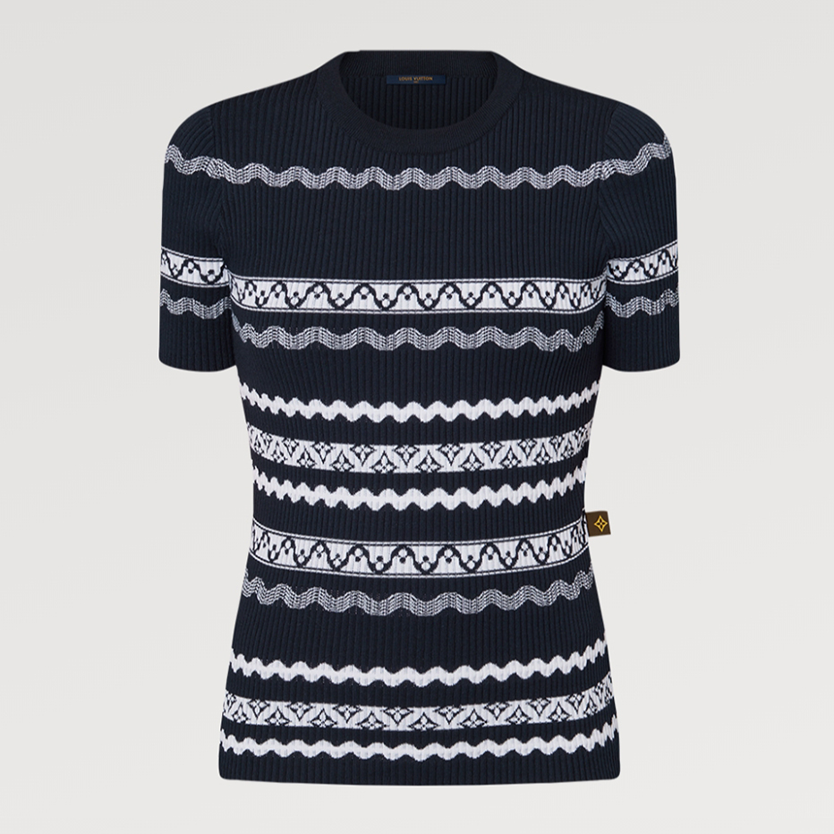 NIGO Louis Vuitton Women's Summer Solid Color Scalloped Stripe Crew Neck Pullover Fitted Knit Sweater #nigo71474