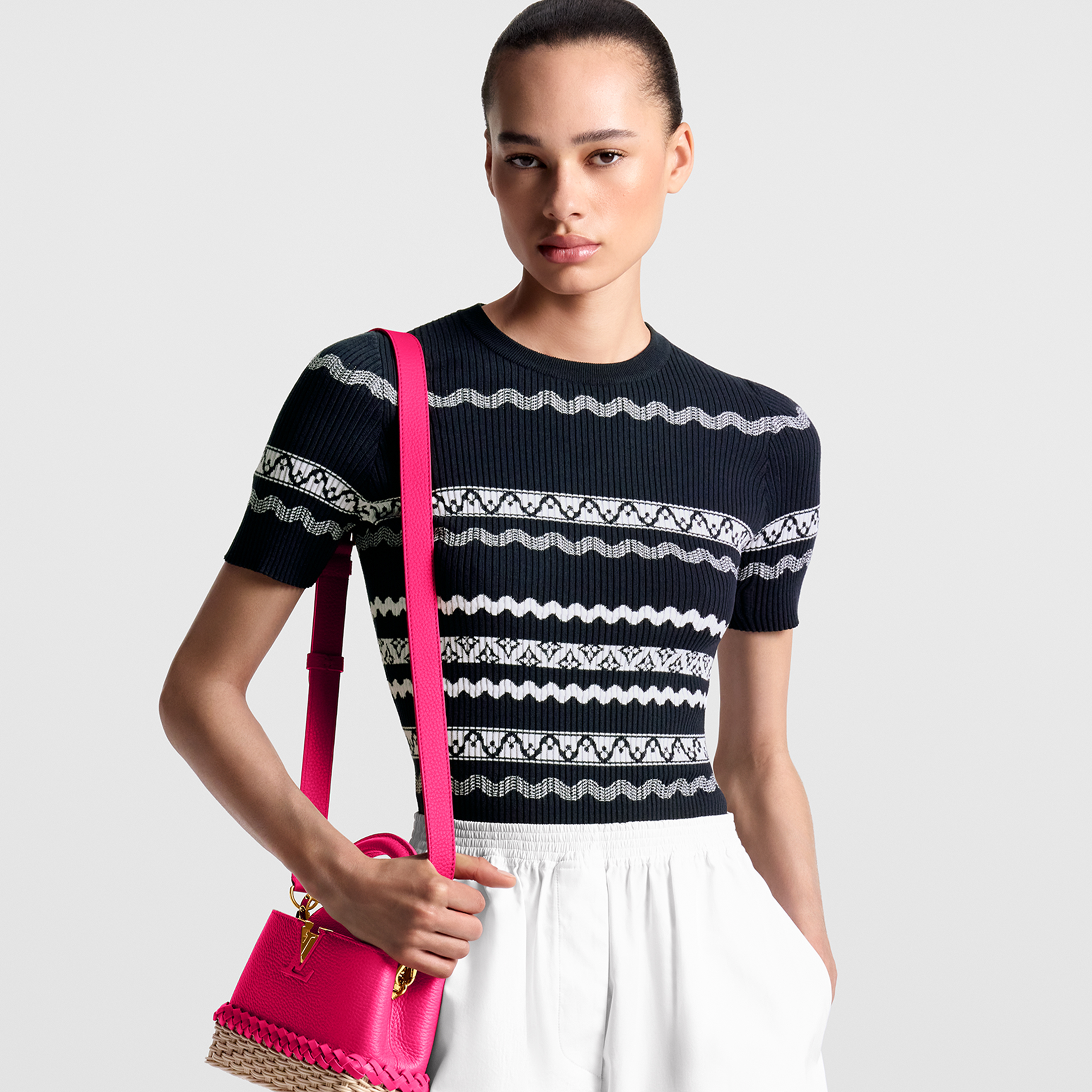 NIGO Louis Vuitton Women's Summer Solid Color Scalloped Stripe Crew Neck Pullover Fitted Knit Sweater #nigo71474