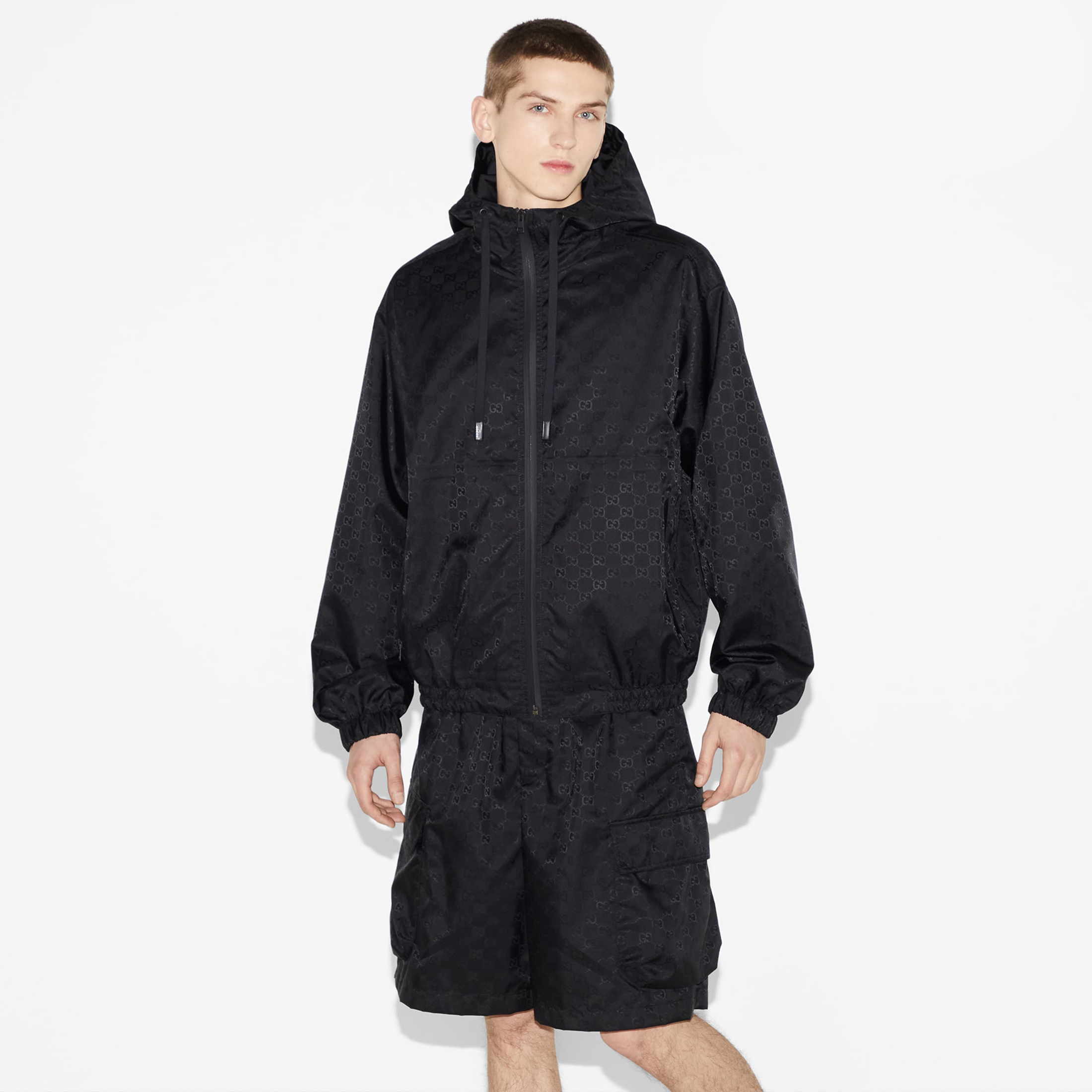 NIGO Gucci Men's Lightweight Letter Gg Logo Nylon Jacquard Zipper Hooded Jacket Fashion Work Style Shorts Suit Set #nigo71496