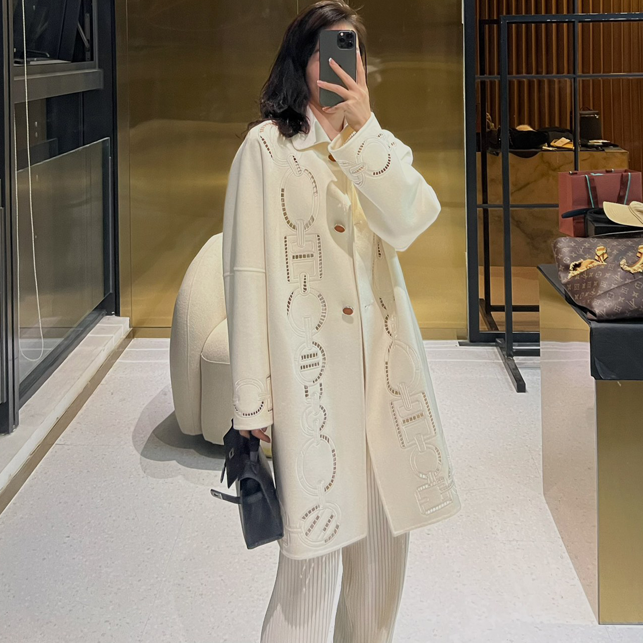 NIGO Hermes Women's Fall And Winter Ring Hollow 100% Cashmere Silhouette Coat Fashion Temperament Elegant Tweed Jacket #nigo71557