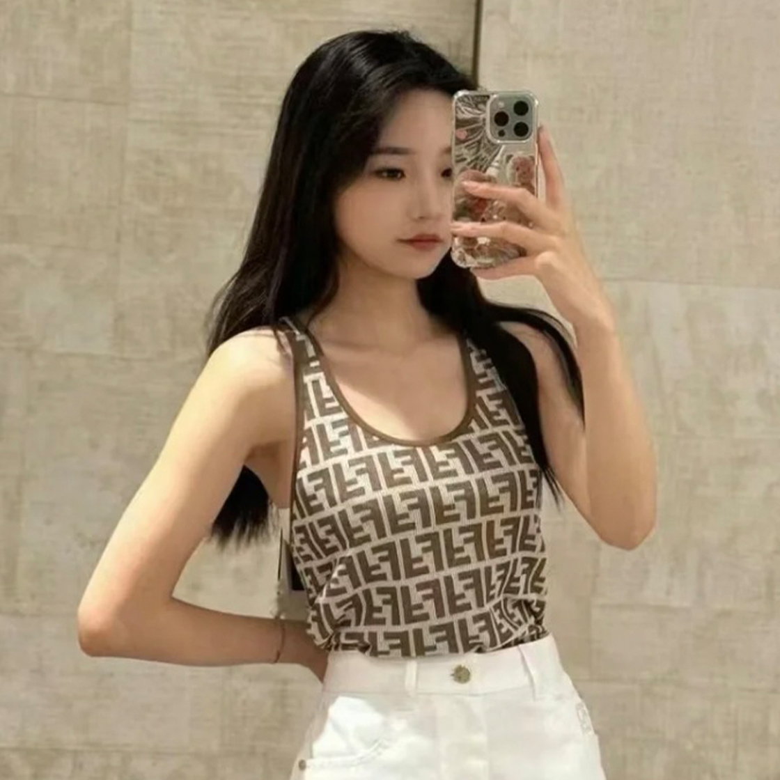 NIGO Fendi Women's Summer Brown FF Print Cotton Knit Top Fitted Sleeveless Vest #nigo71529