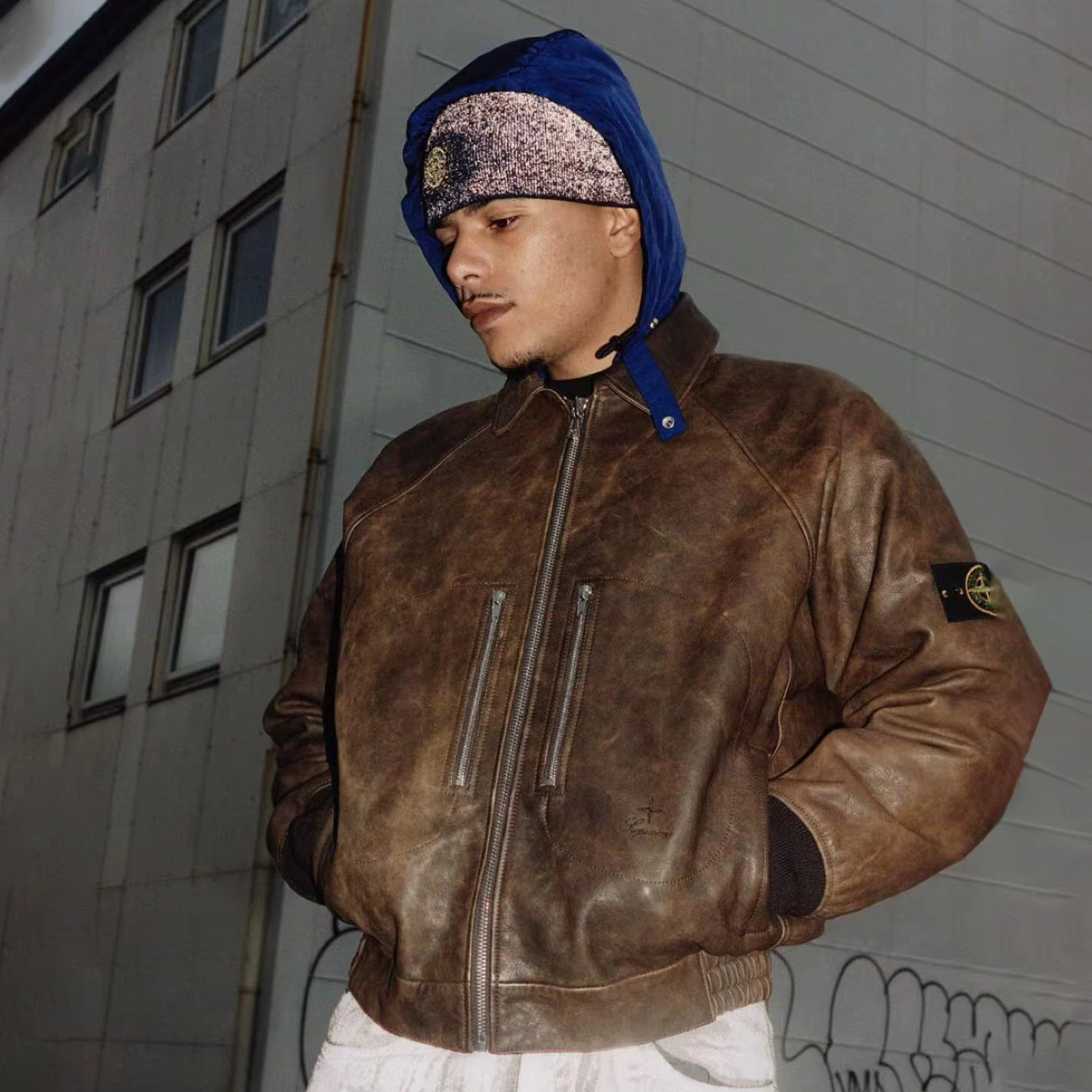 NIGO Stone Island X Supreme Men's Spring and Fall Zipper Hooded Aviator Jacket Coat #nigo98752