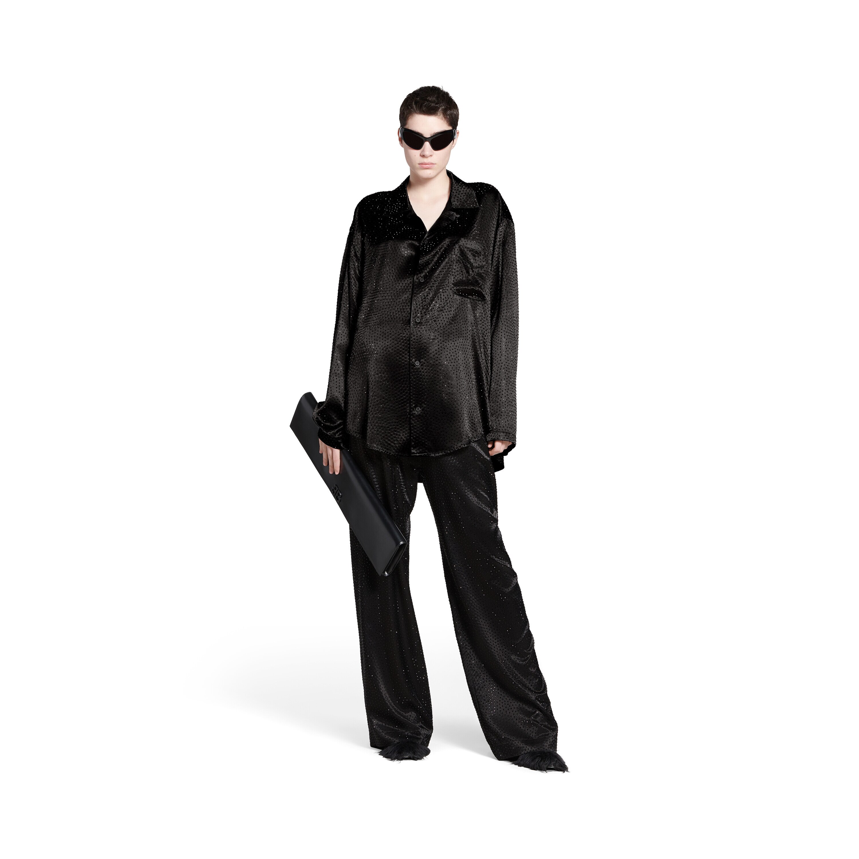 NIGO Balenciaga Women's Spring And Autumn Black Satin Full Diamond Long Sleeve Loose Shirt Casual Elastic Pants Ngvp #nigo9193