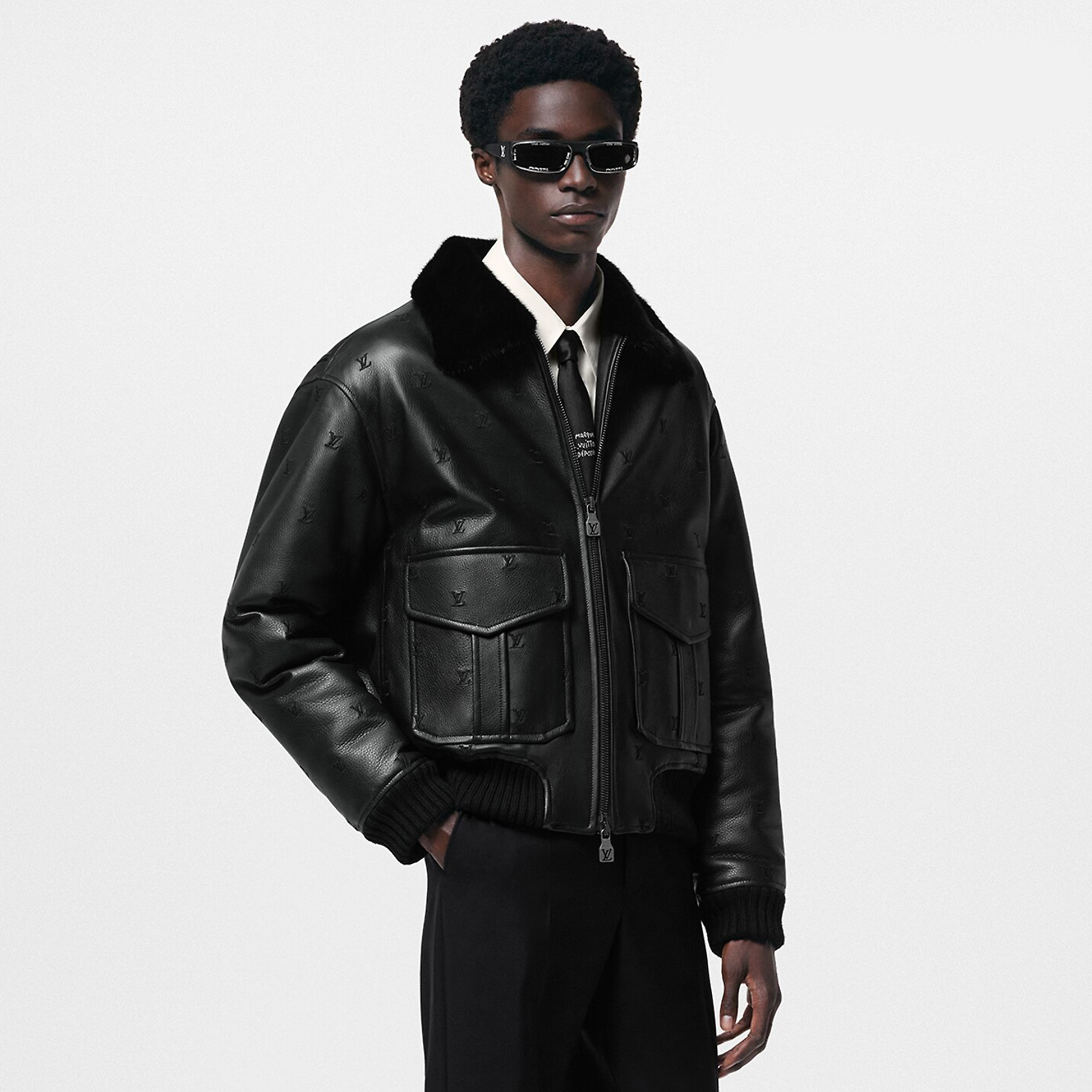 NIGO Louis Vuitton Men's Fall/winter Pilot Drawstring Jacket Solid Color Logo Jacquard Hair Collar Colorblocking Leather Jacket #nigo71553