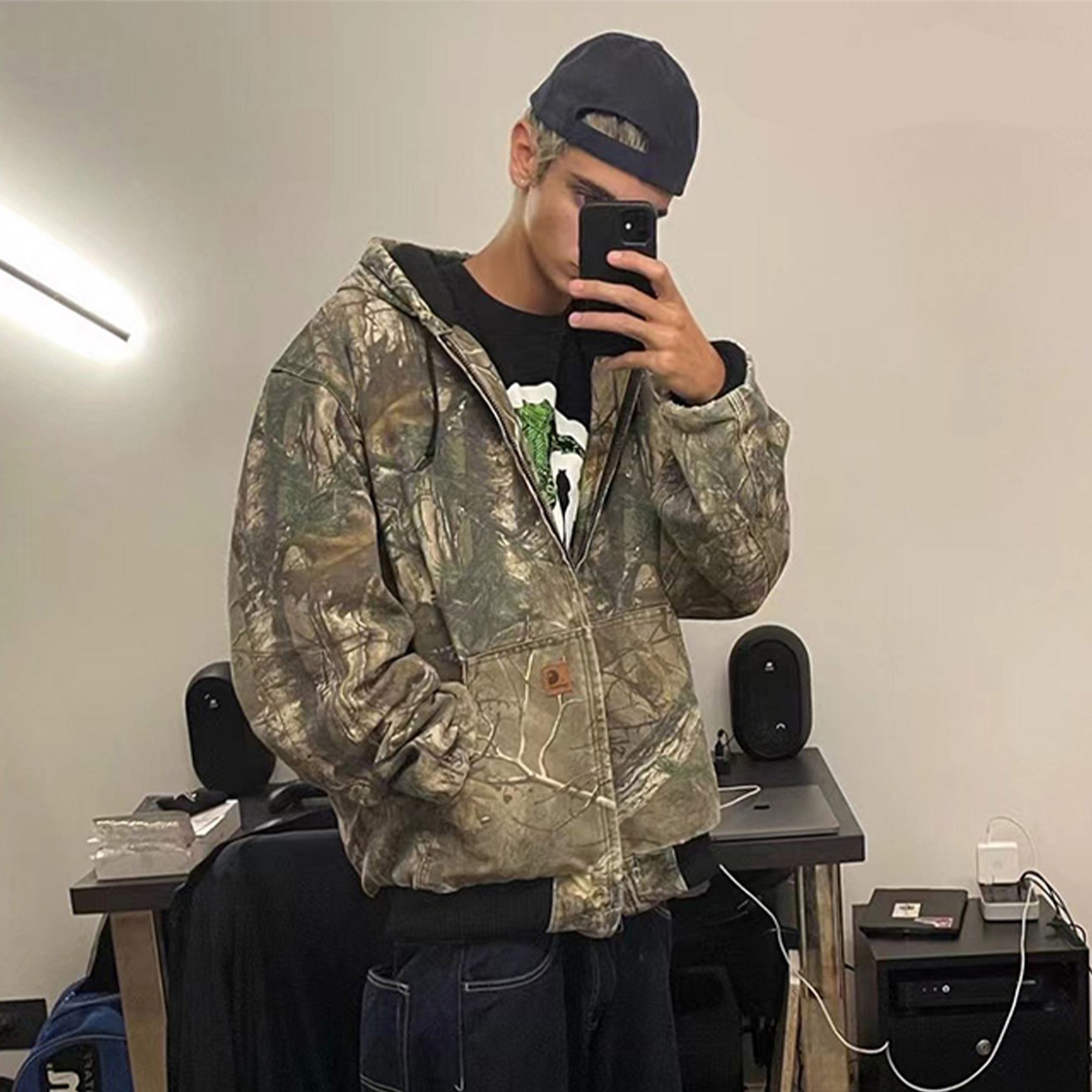 NIGO Carhartt WIP Men's Tree Branches Withered Leaves Camouflage Double-layer Zipper Hooded Workwear Jacket Fashionable Casual Hooded Jacket Ngvp #nigo9151